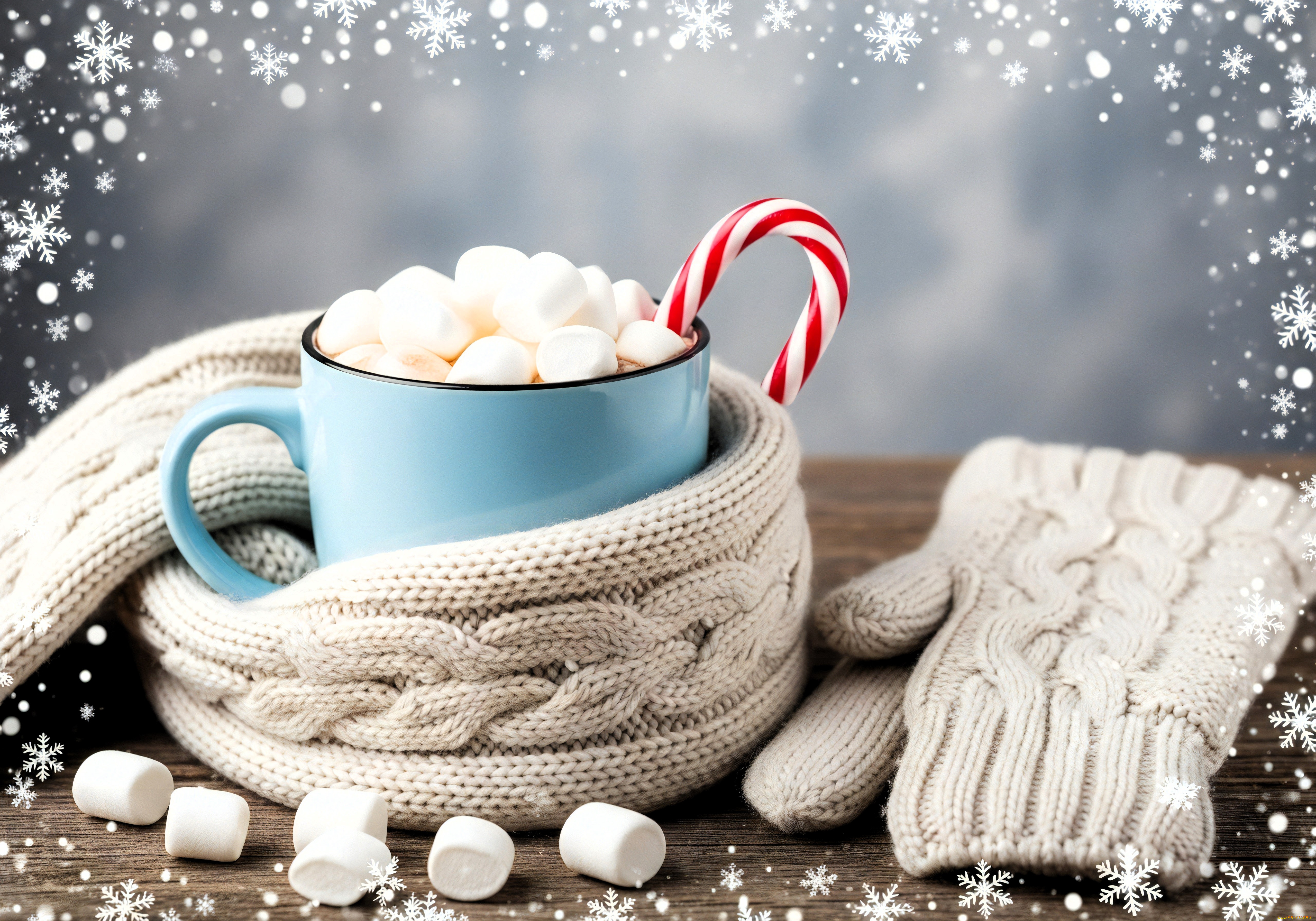 3д, графика, праздники, , holidays, кружка, зефир, леденец, шарф, варежки, столешница, снежинки