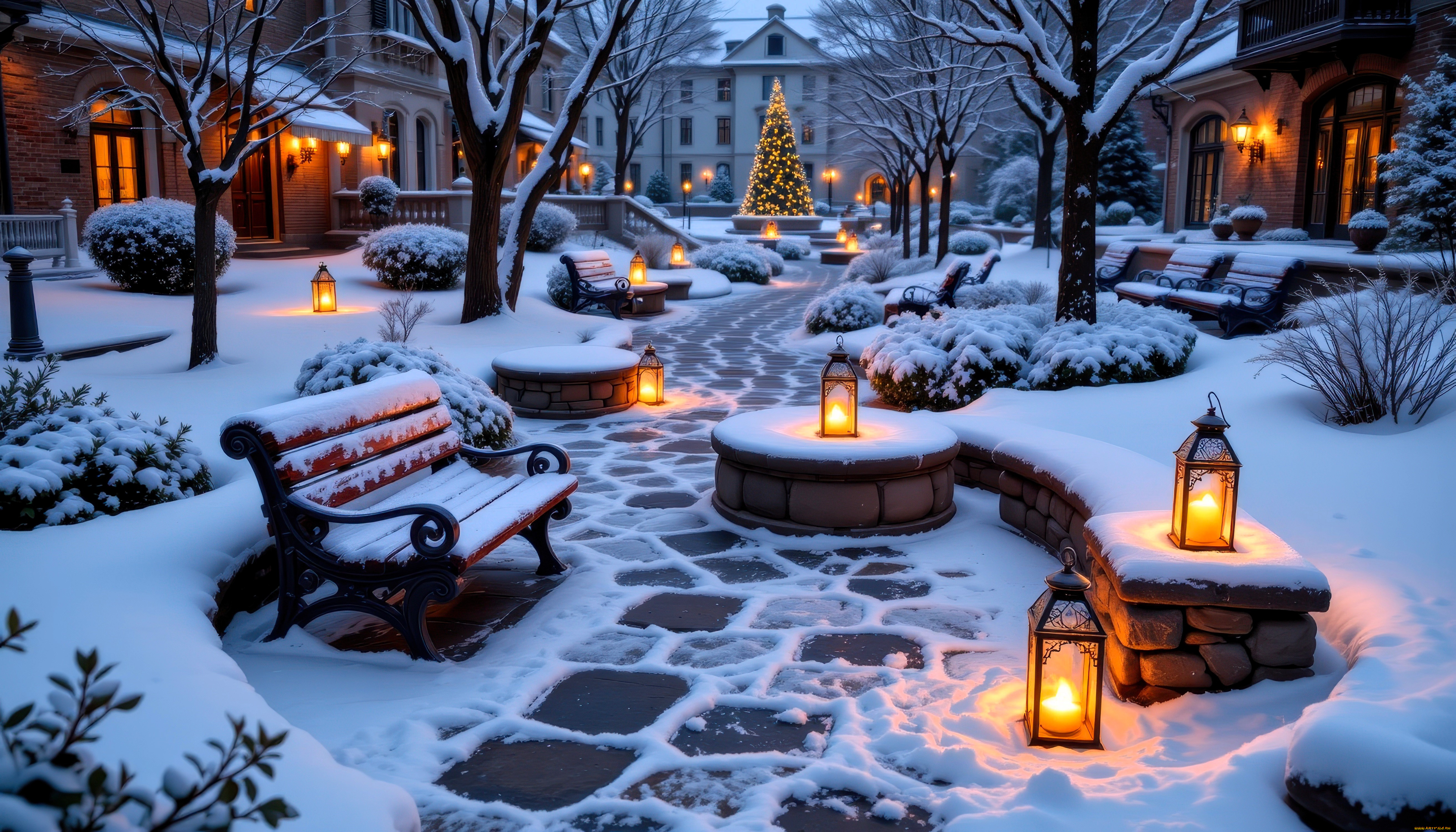 праздничные, ёлки, ёлка, огни, дома, двор, снег, зима, фонари, деревья, скамейка