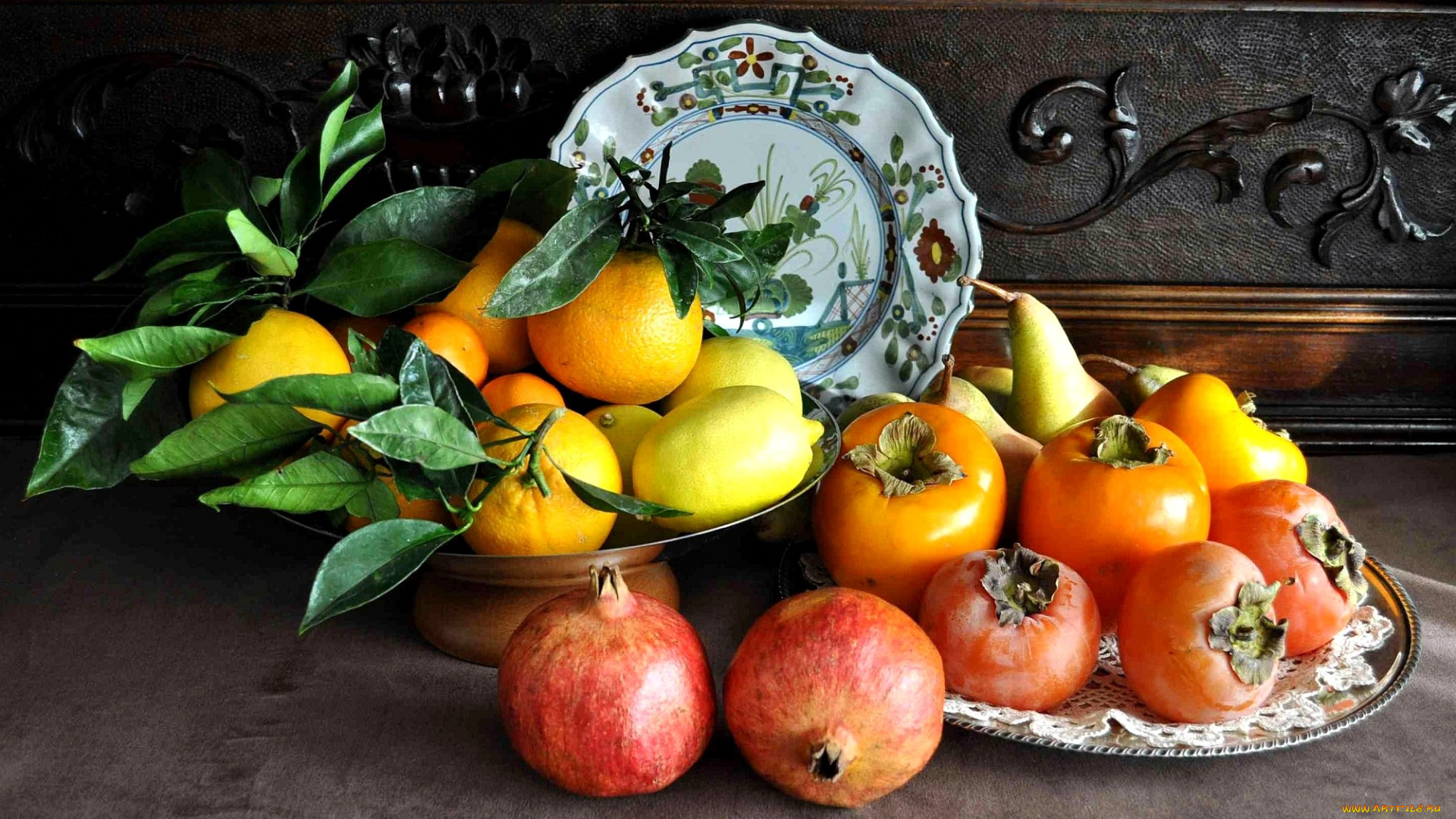 еда, натюрморт, лимоны, гранаты, тарелка, груши, апельсины, хурма