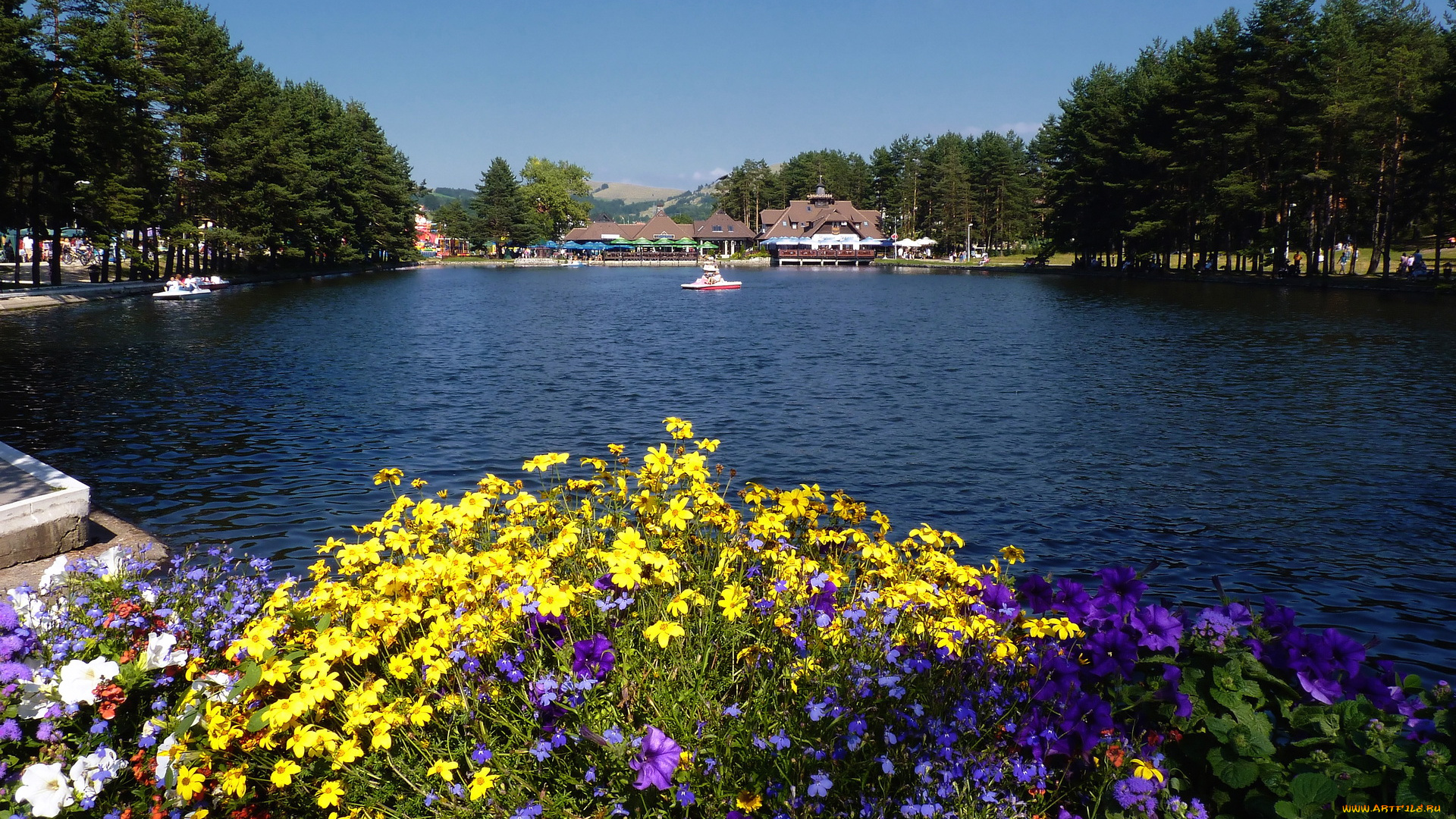 природа, парк, лето, цветы, деревья, река