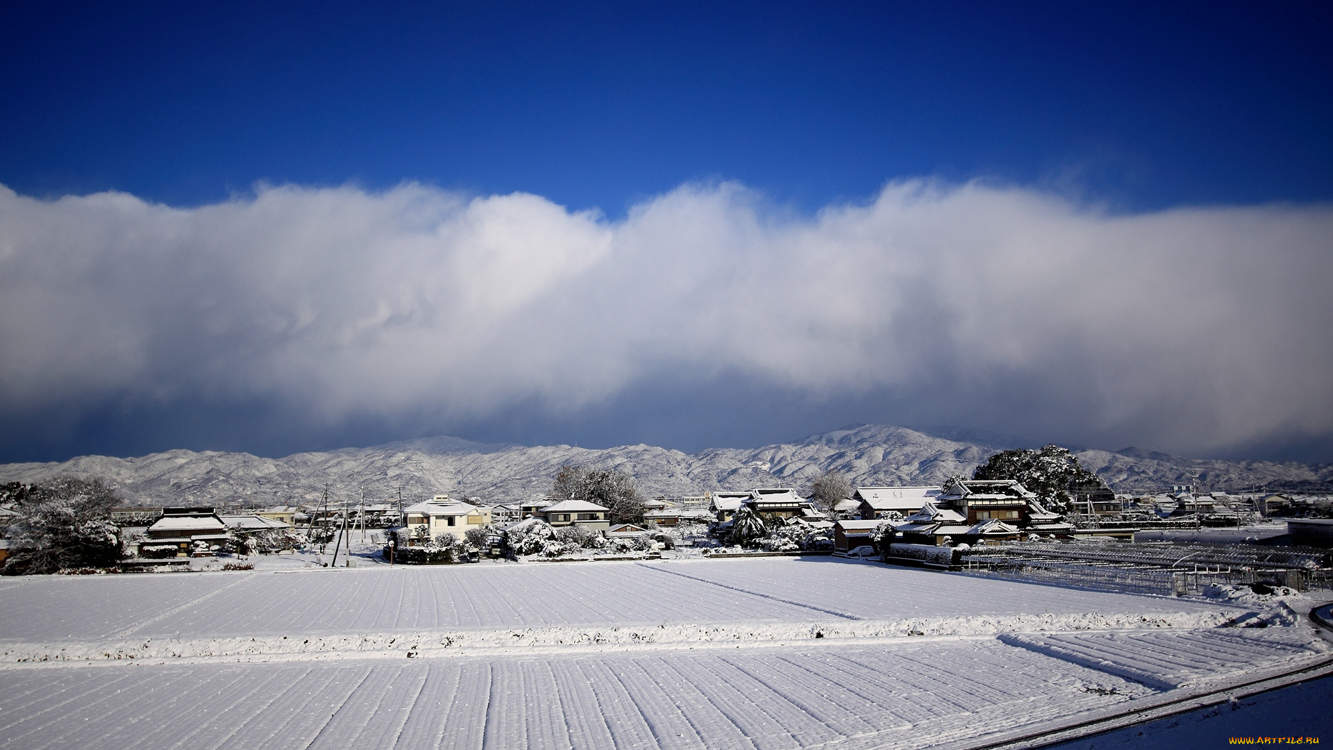 природа, зима, горы, облака, снег, дома