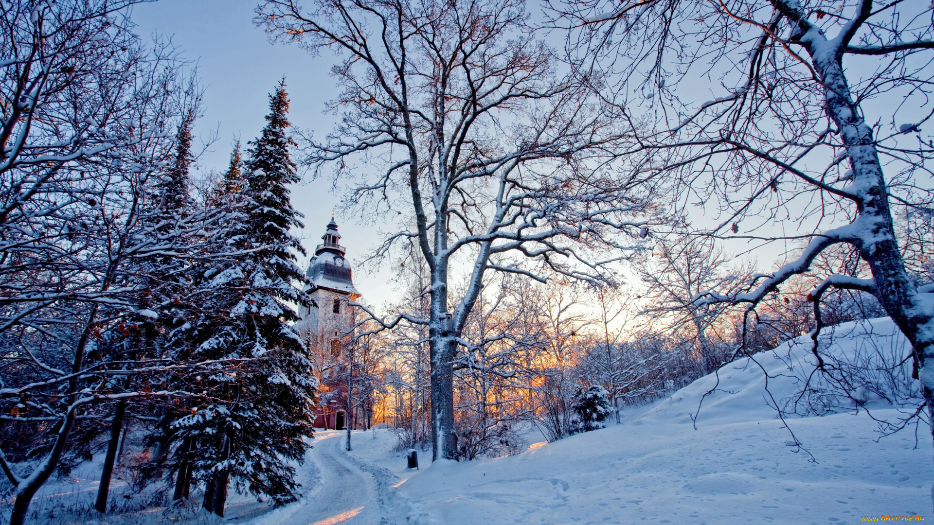 природа, зима, снег, дорога, деревья