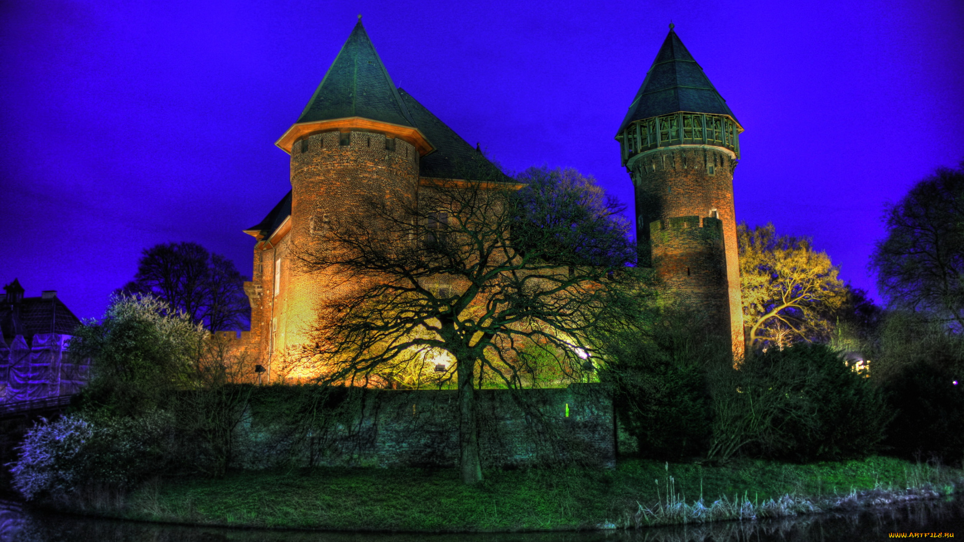 германия, krefeld, burg, linn, города, дворцы, замки, крепости, замок, ночь, огни