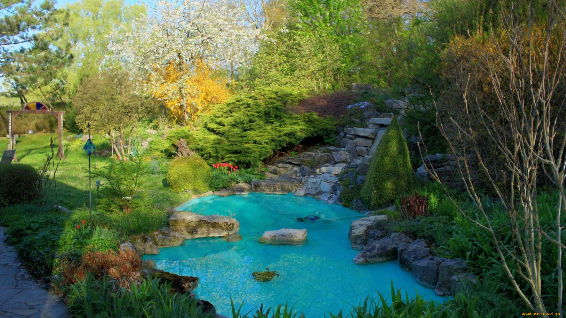 природа, парк, водоем, камни, растения