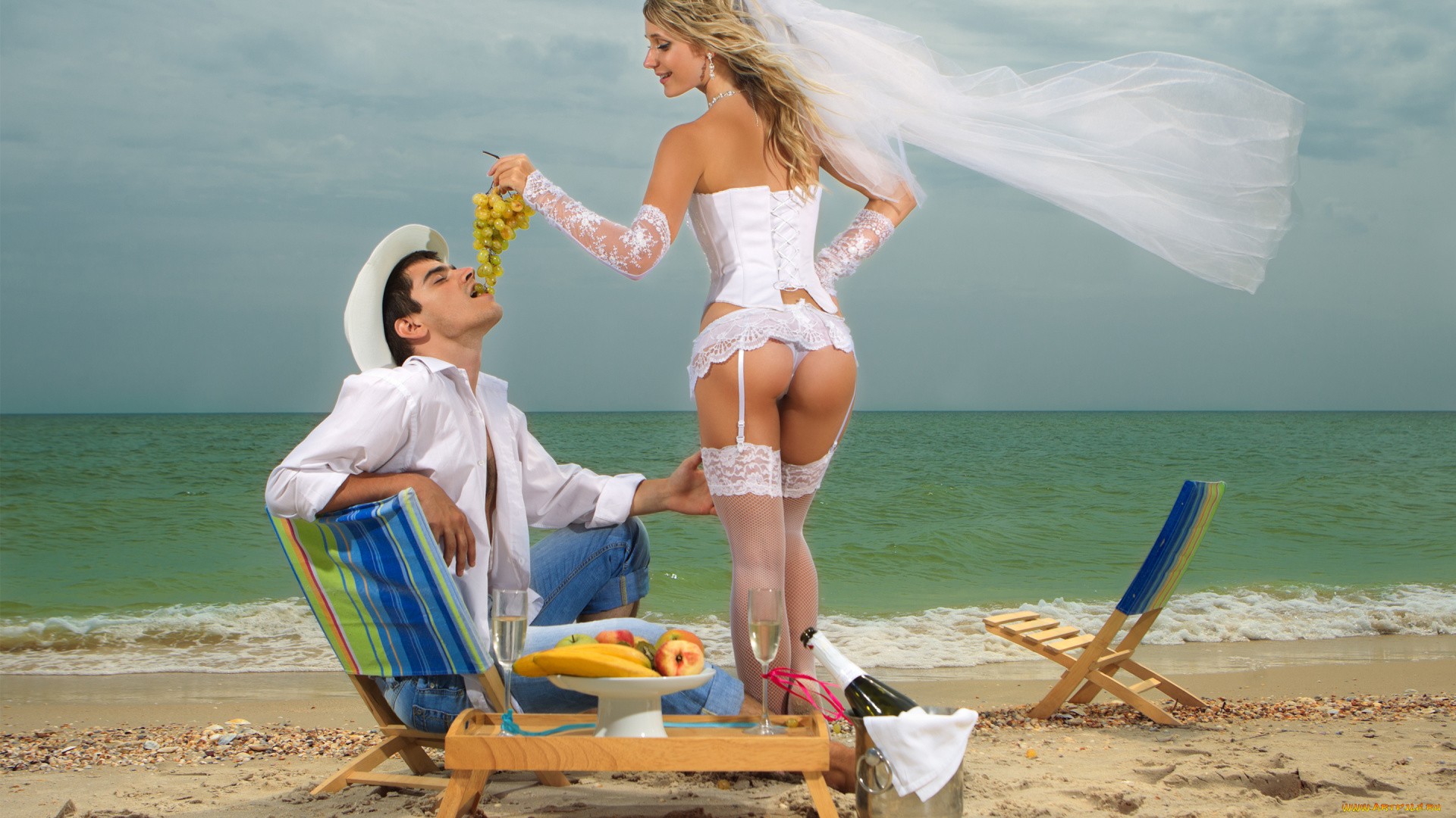 разное, мужчина, женщина, фрукты, море, невеста
