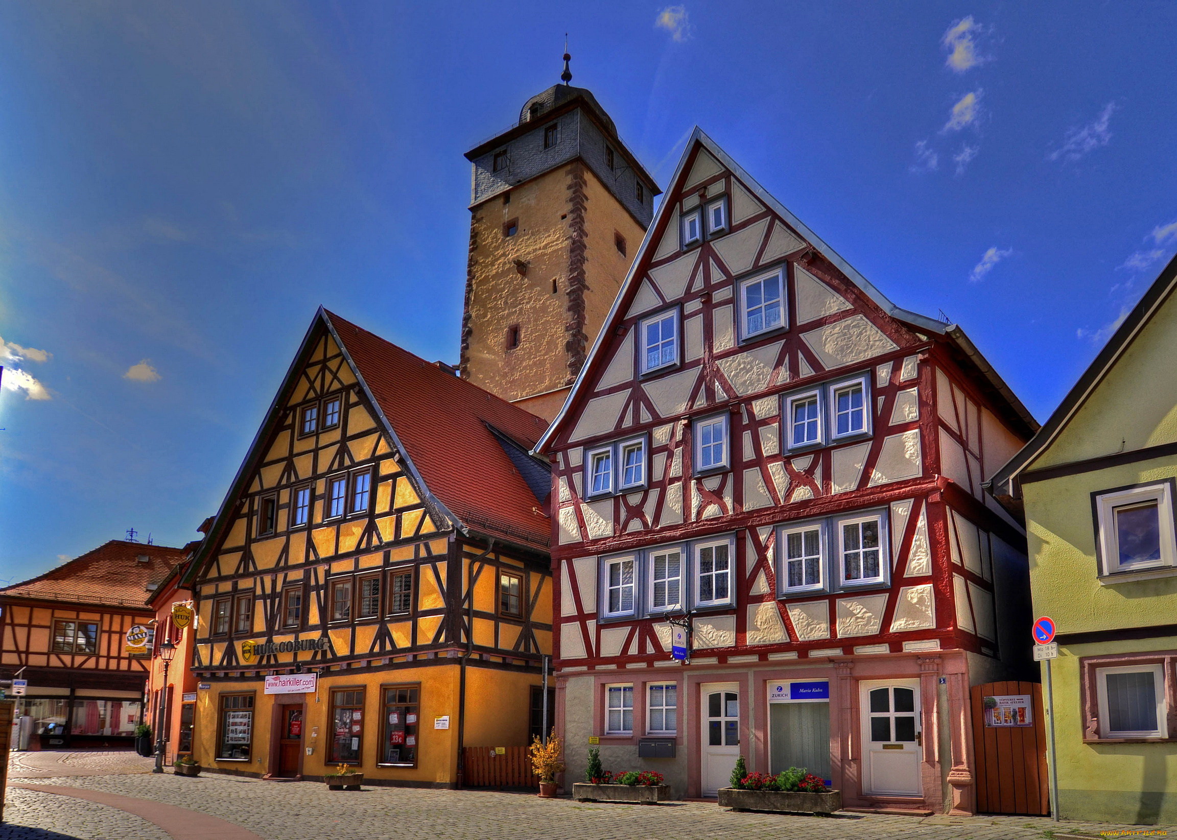 германия, бавария, лор, на, майне, города, здания, дома, улица