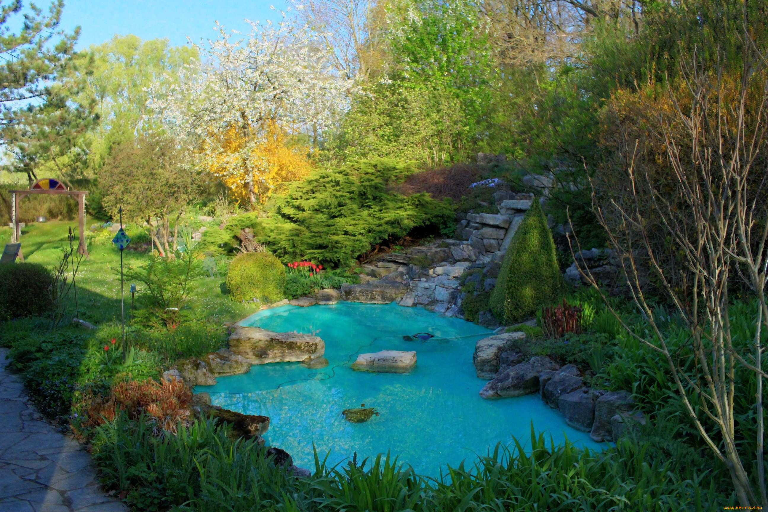 природа, парк, водоем, камни, растения