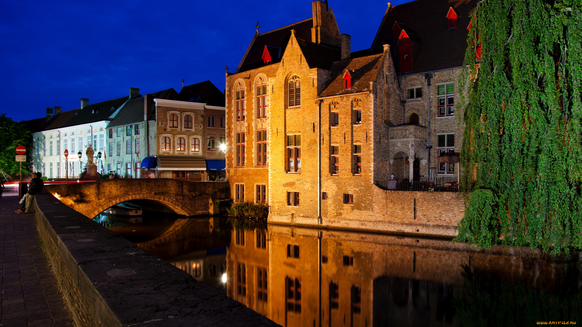 brugge, бельгия, города, брюгге, , бельгия, дома, набережная, ночь, огни, brugge, мост, канал