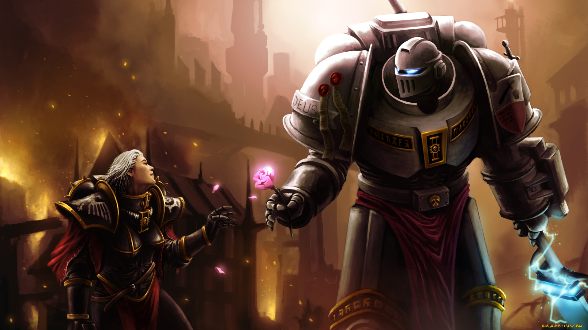 фэнтези, красавицы, и, чудовища, робот, киборг, меч, цветок, воин, девушка