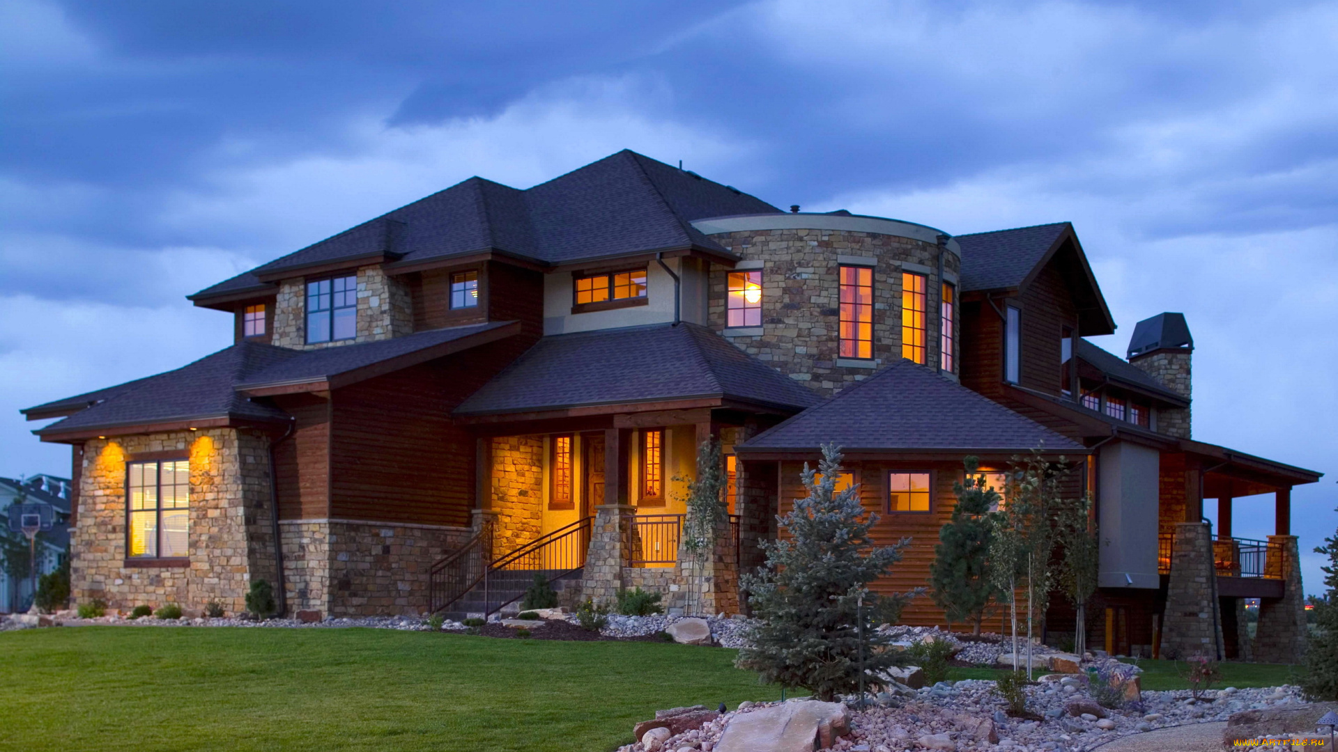 города, -, здания, , дома, ель, ландшафт, огни, особняк, трава