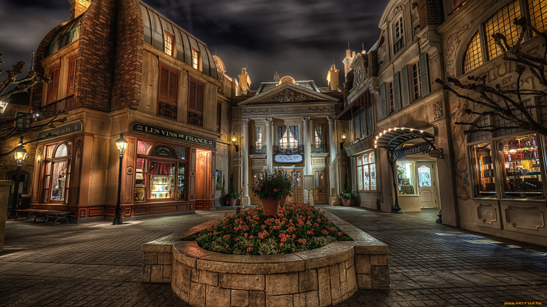 города, диснейленд, площадь, дома, клумба, ночь, огни