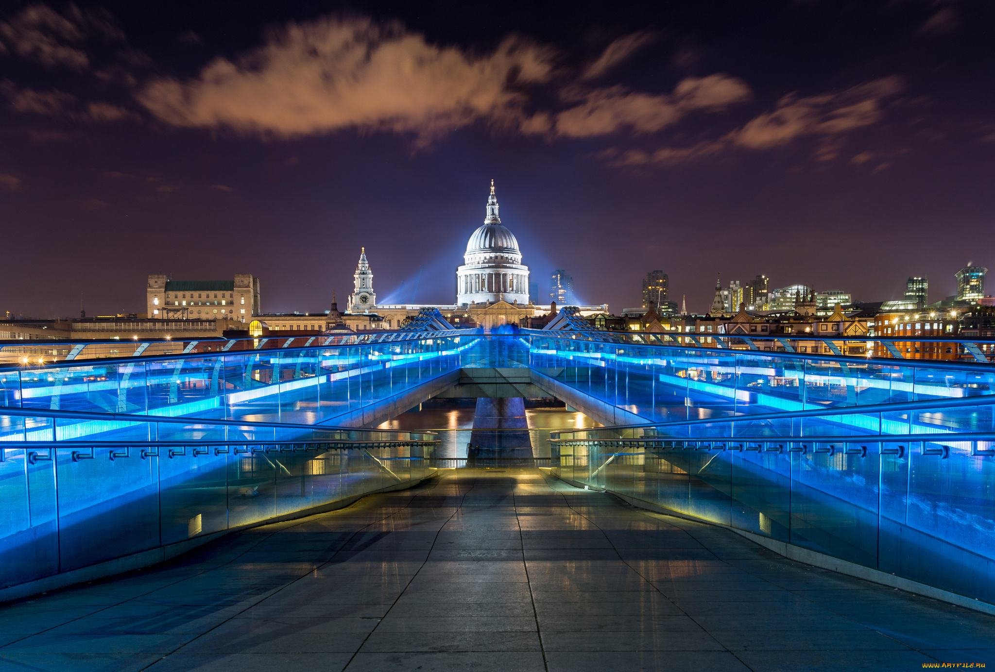 millennium, bridge, london, города, лондон, , великобритания, ночь, огни, собор, мост