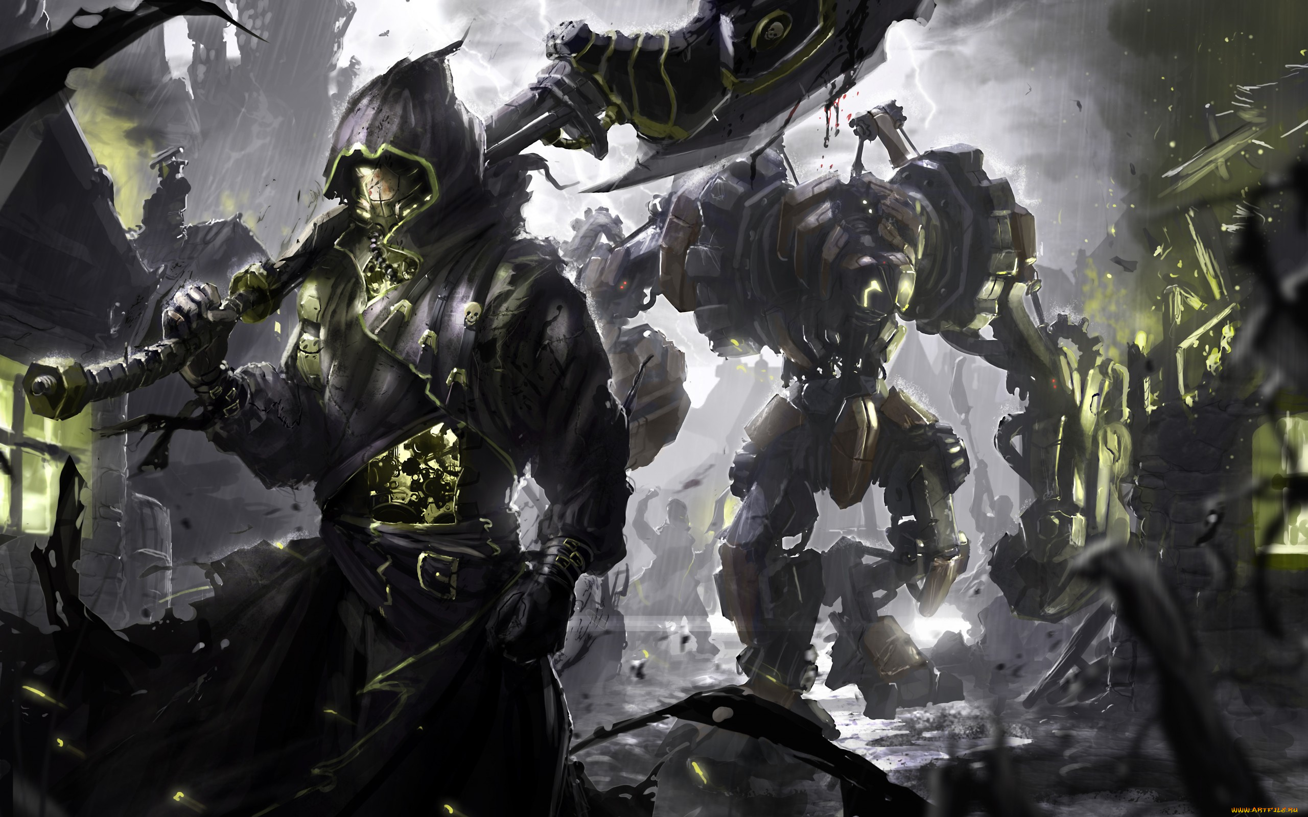 фэнтези, роботы, , киборги, , механизмы, киборг, меч, руины