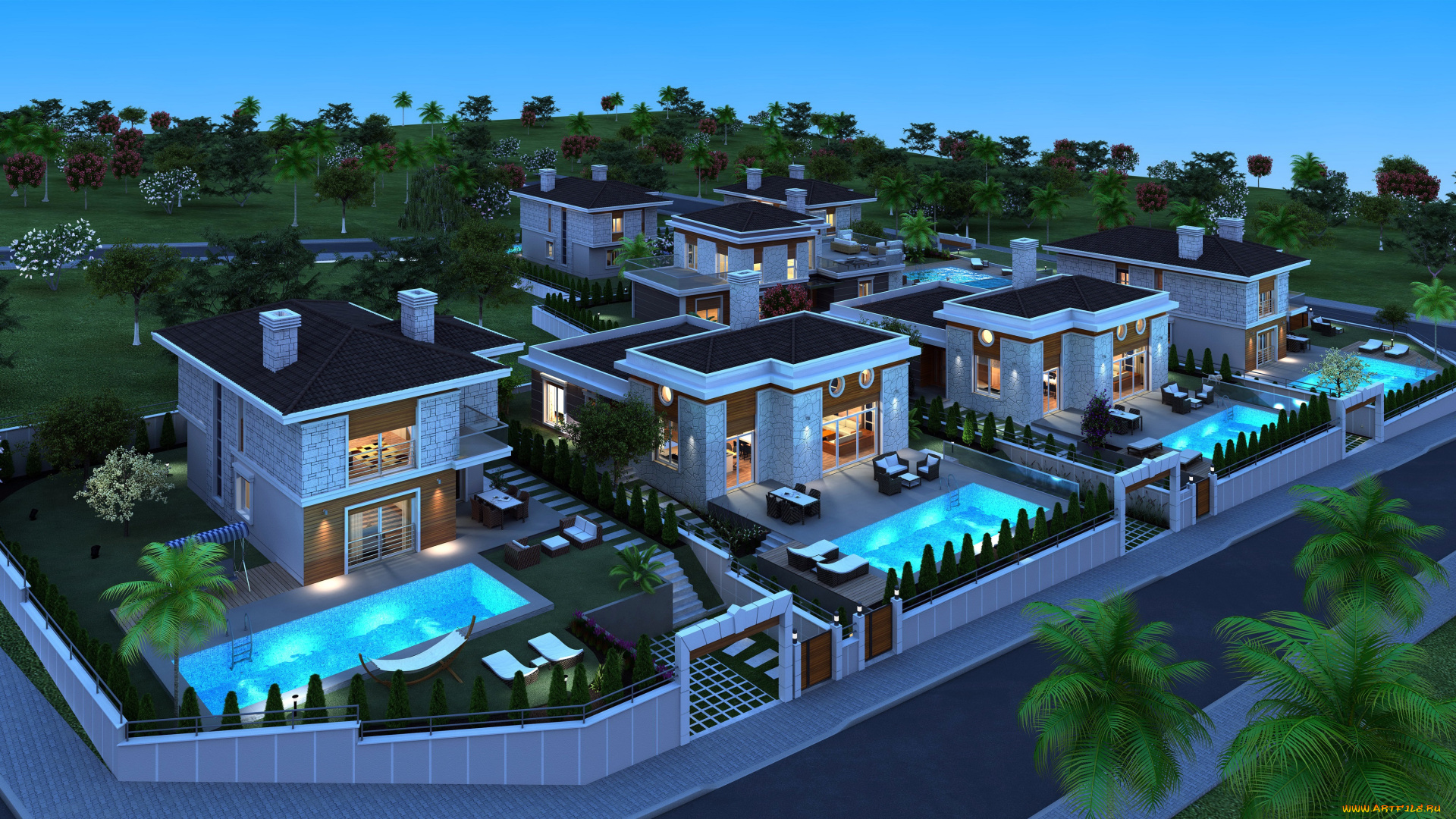 3д, графика, архитектура, , architecture, дома, особняк, ночь