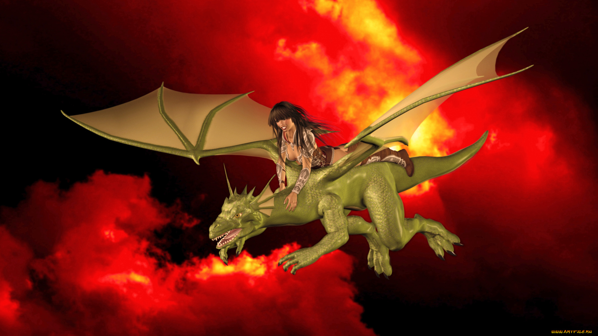 3д, графика, фантазия, , fantasy, девушка, взгляд, фон, дракон, полет