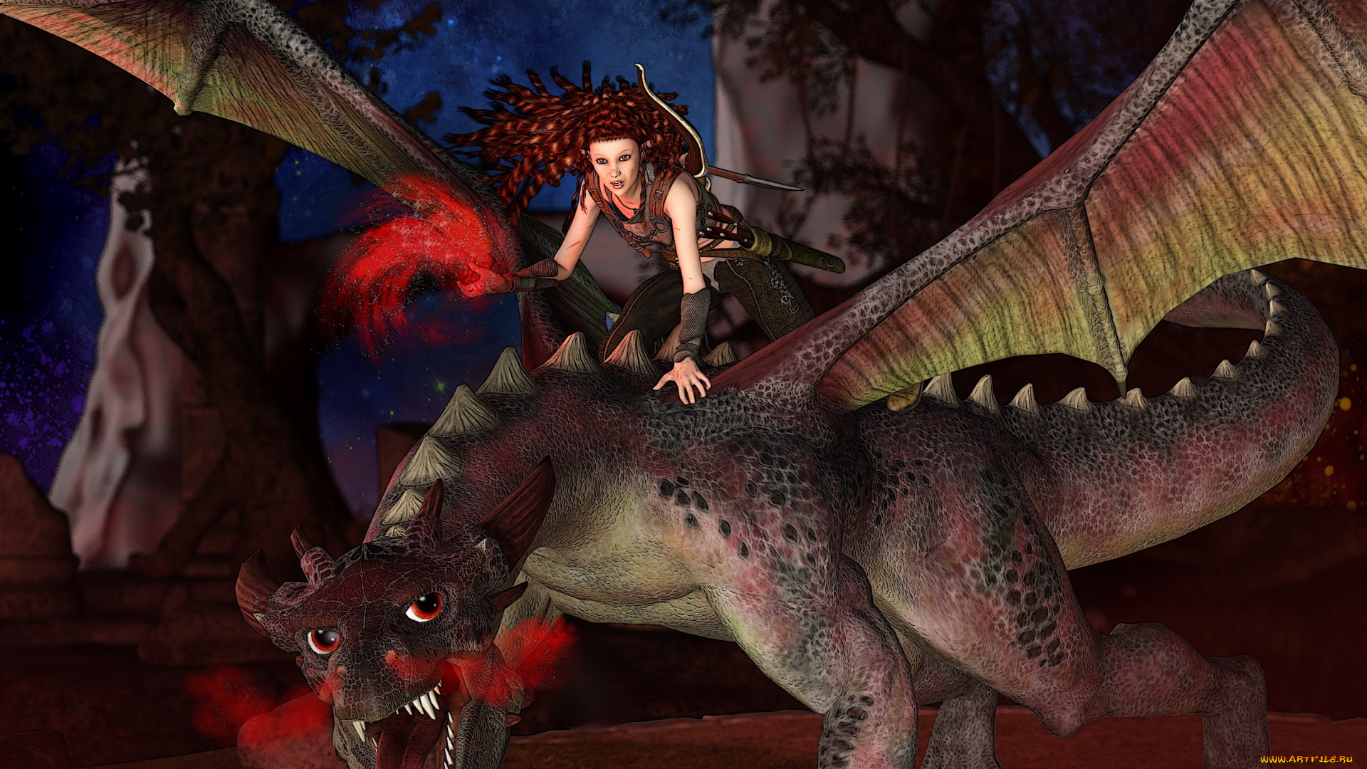 3д, графика, фантазия, , fantasy, девушка, взгляд, фон, дракон