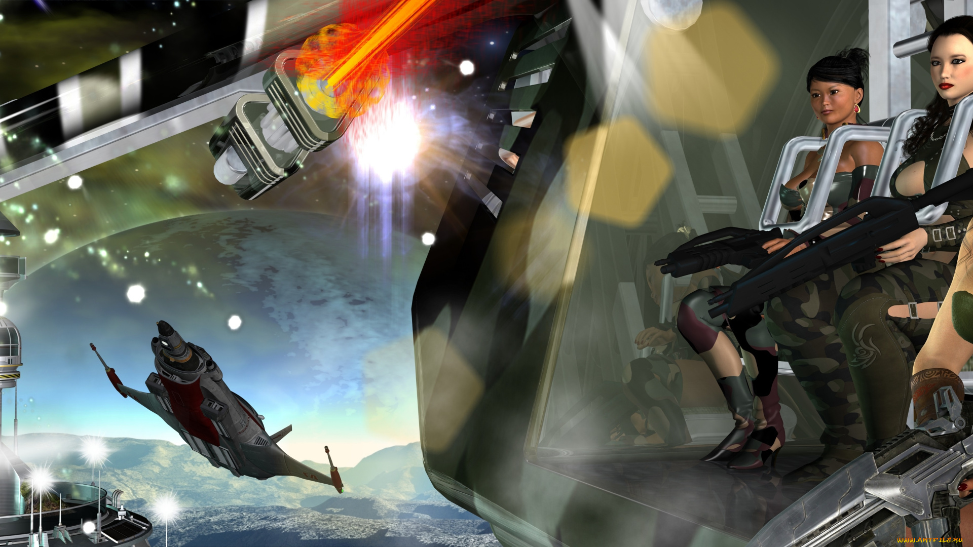 3д, графика, фантазия, , fantasy, оружие, фон, взгляд, девушки, самолет