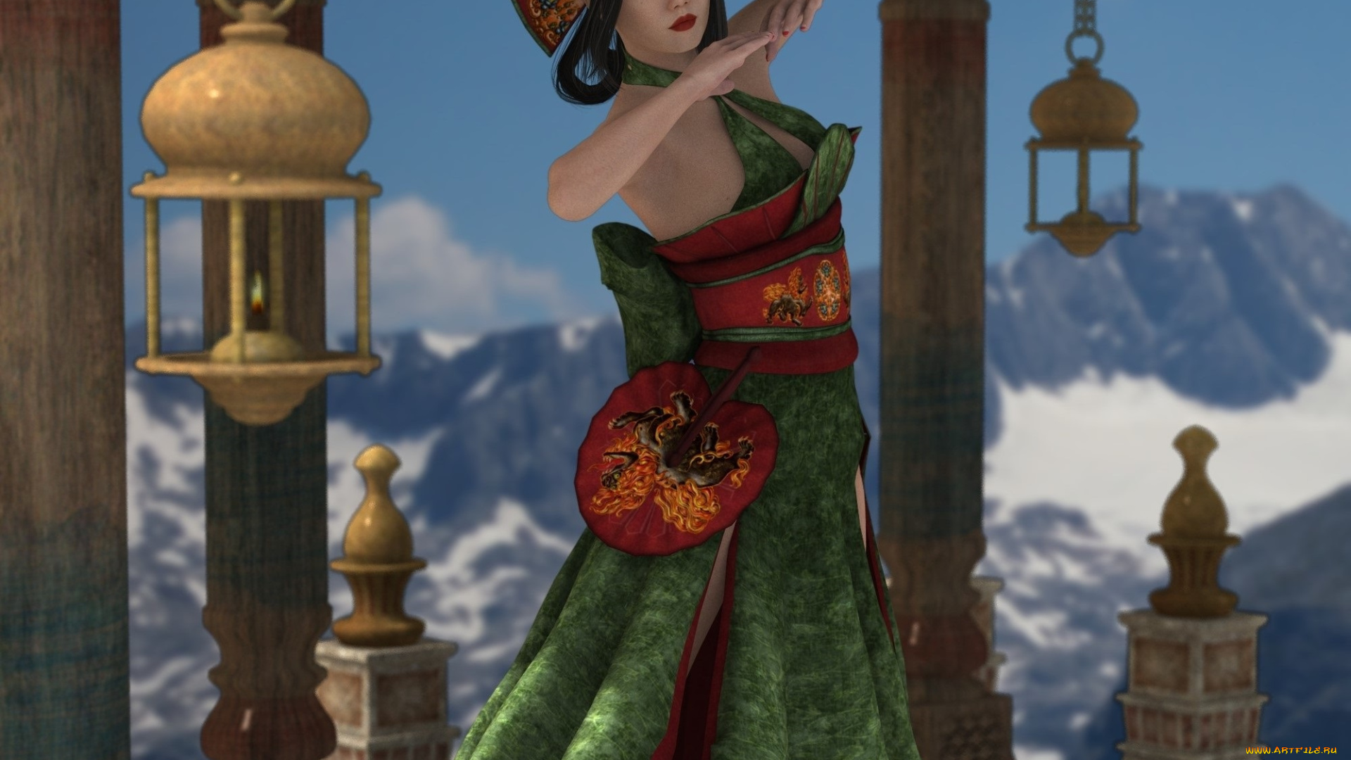 3д, графика, люди, , people, девушка, взгляд, фон, азиатка, горы