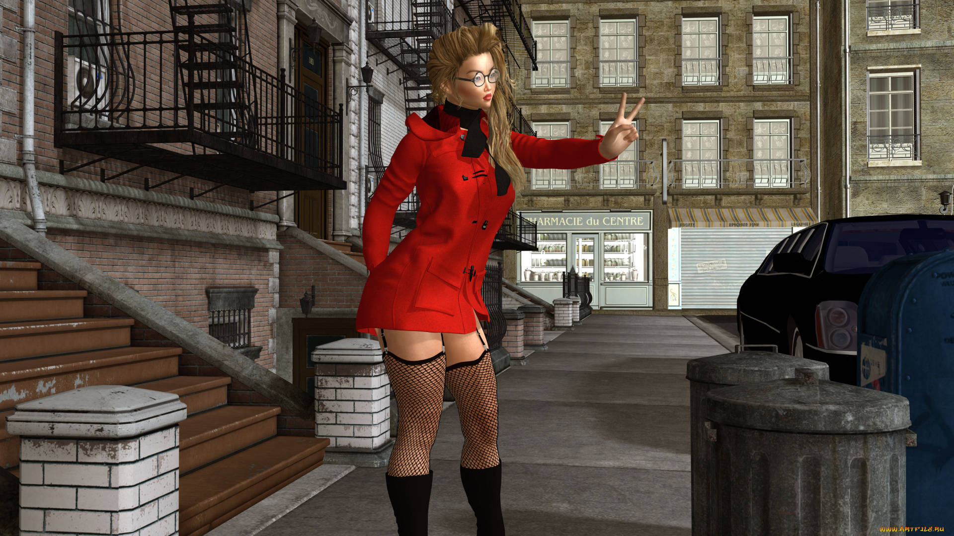 3д, графика, люди, , people, очки, улица, фон, взгляд, девушка