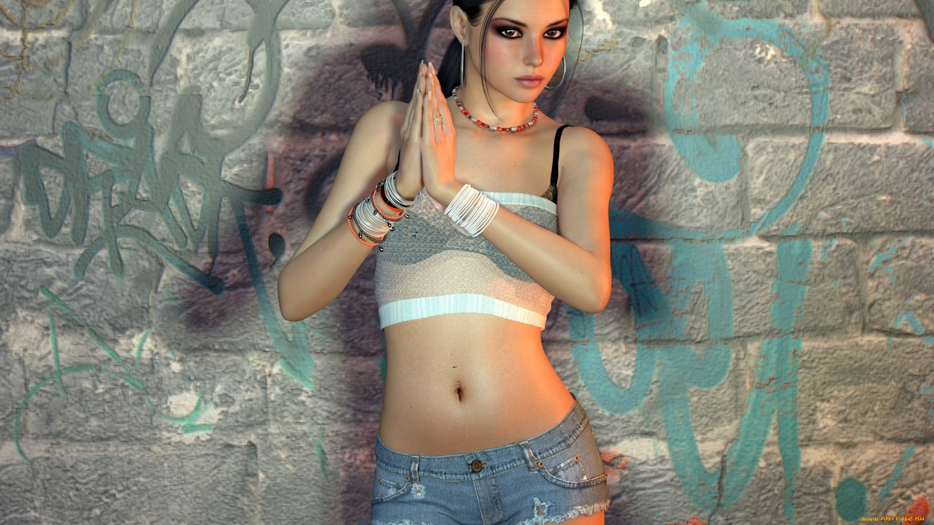 3д, графика, люди, , people, стена, шорты, фон, взгляд, девушка
