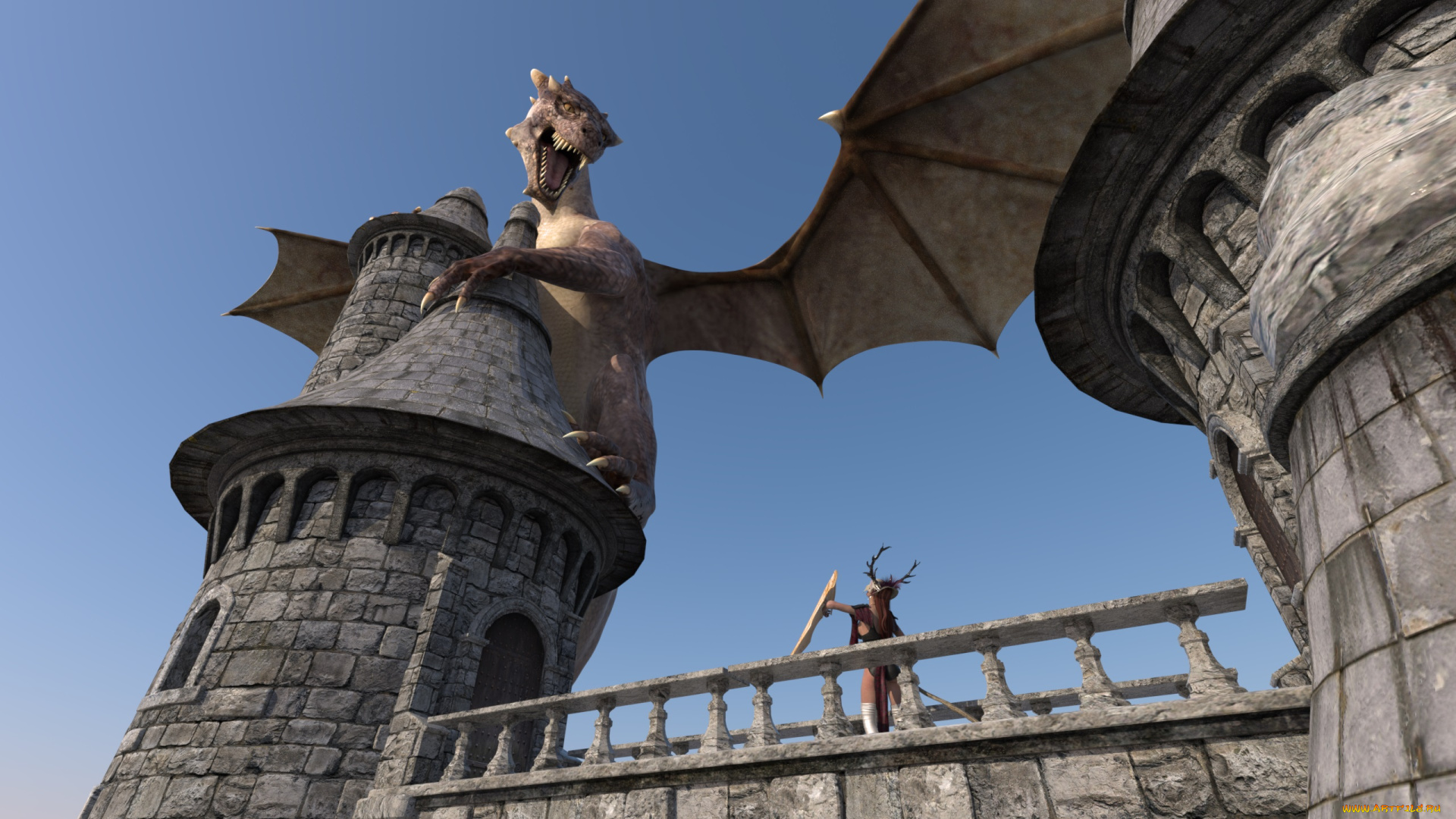 3д, графика, существа, , creatures, дракон, замок