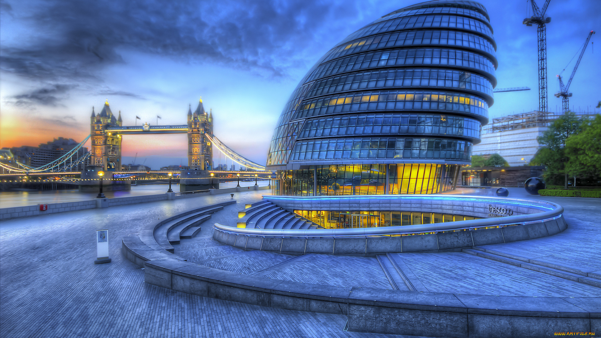 city, hall, at, dawn, города, лондон, , великобритания, мост, река, набережная