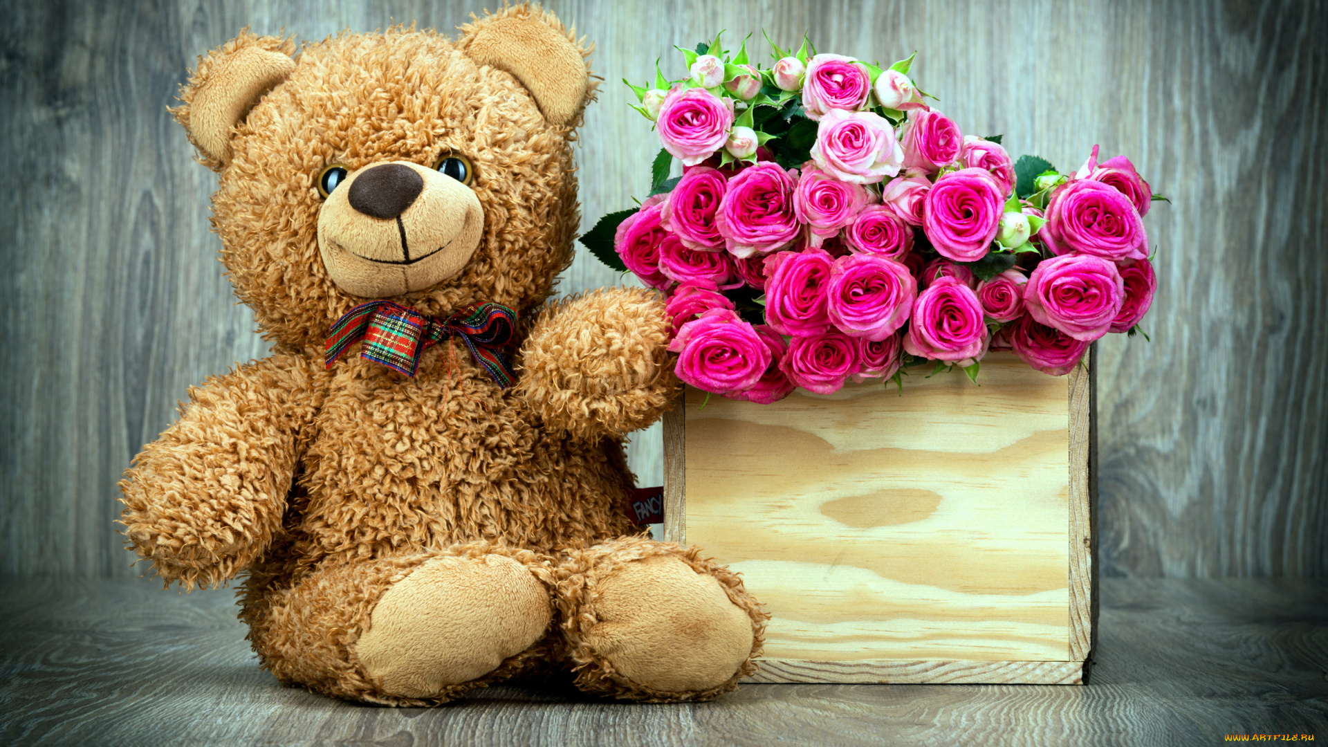 цветы, розы, розовый, бант, медвежонок