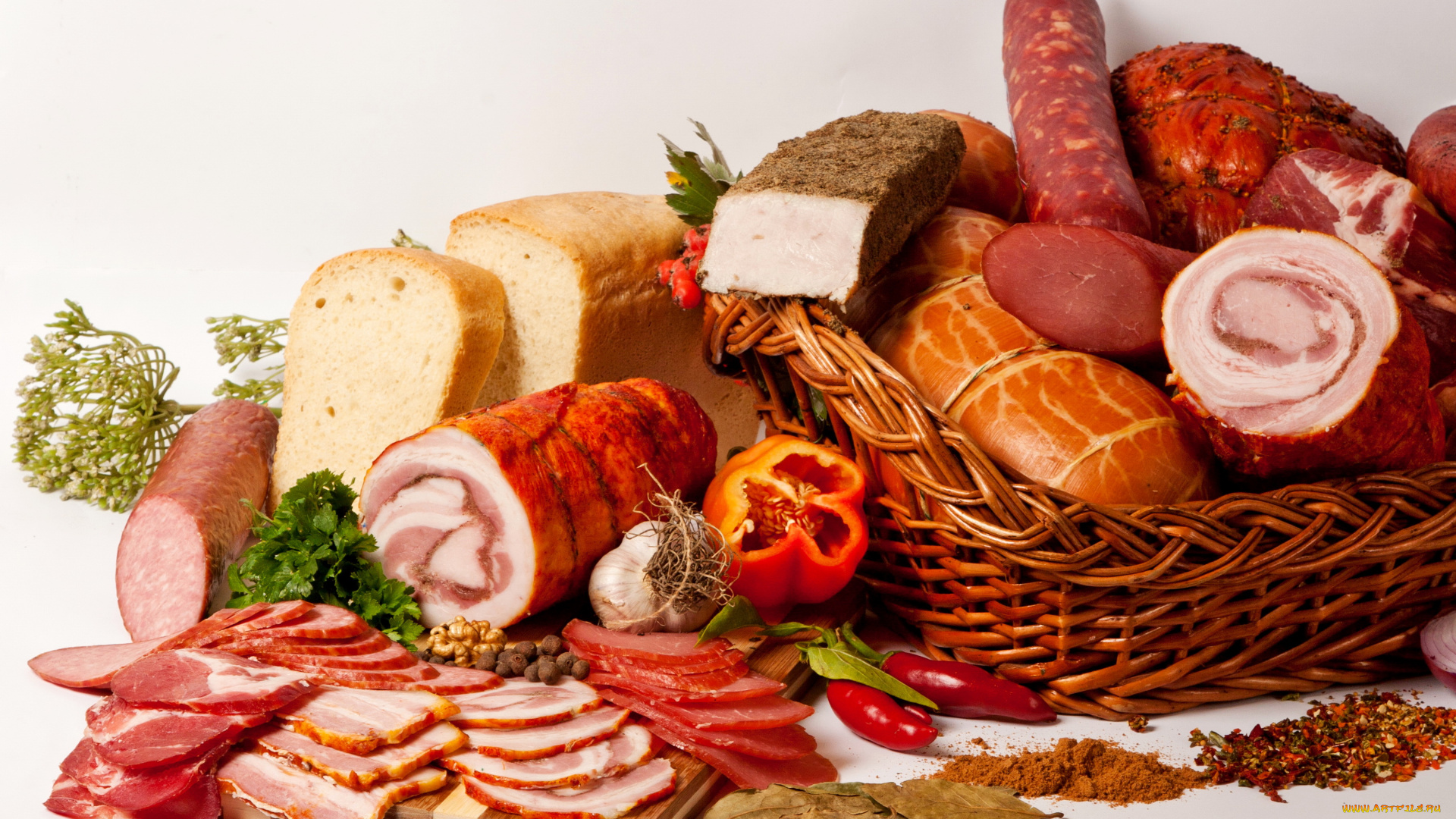 еда, мясные, блюда, сало, перец, хлеб, буженина, ветчина, колбаса