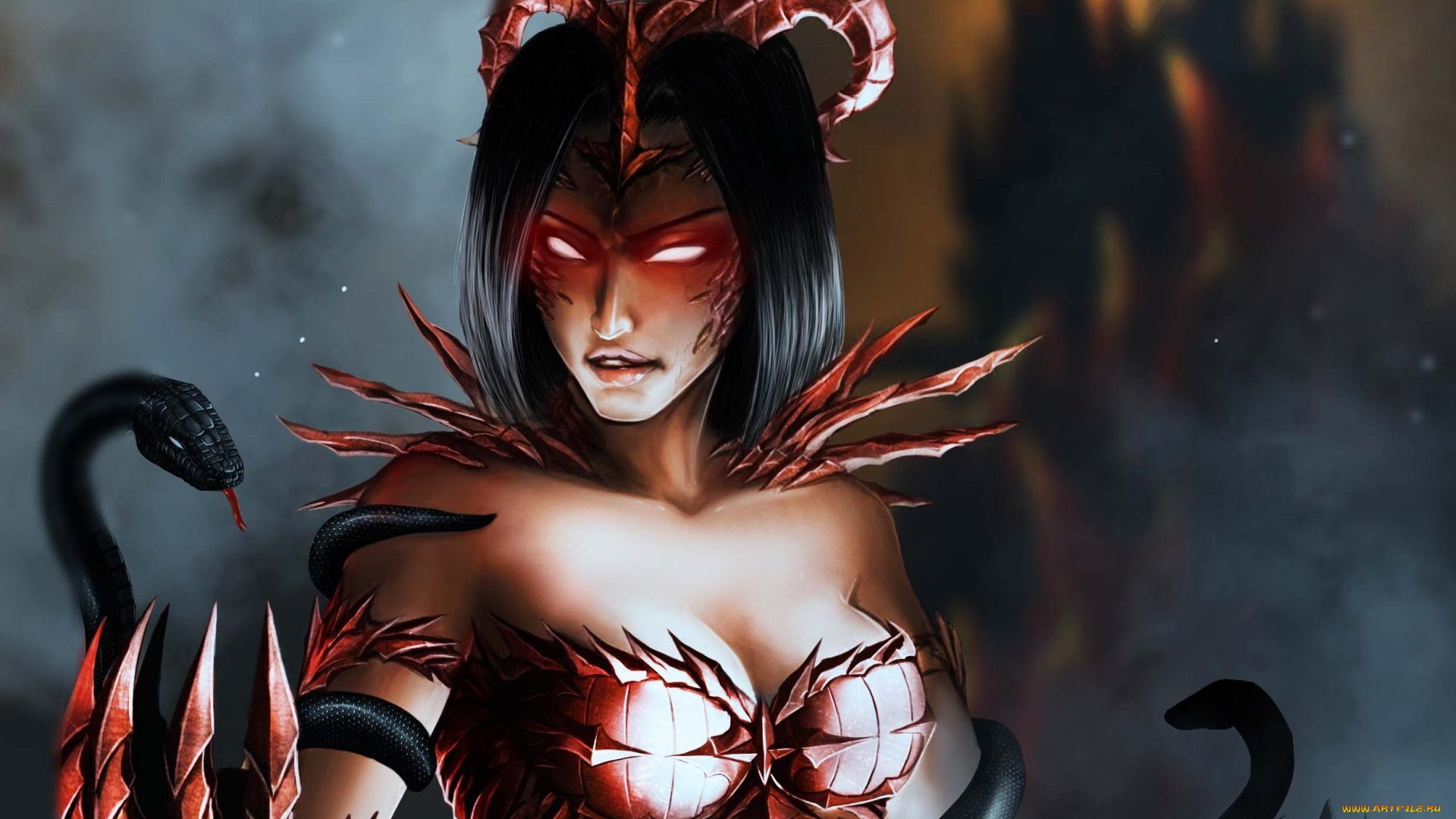 фэнтези, демоны, взгляд, демоница, змеи, рога, фантастика