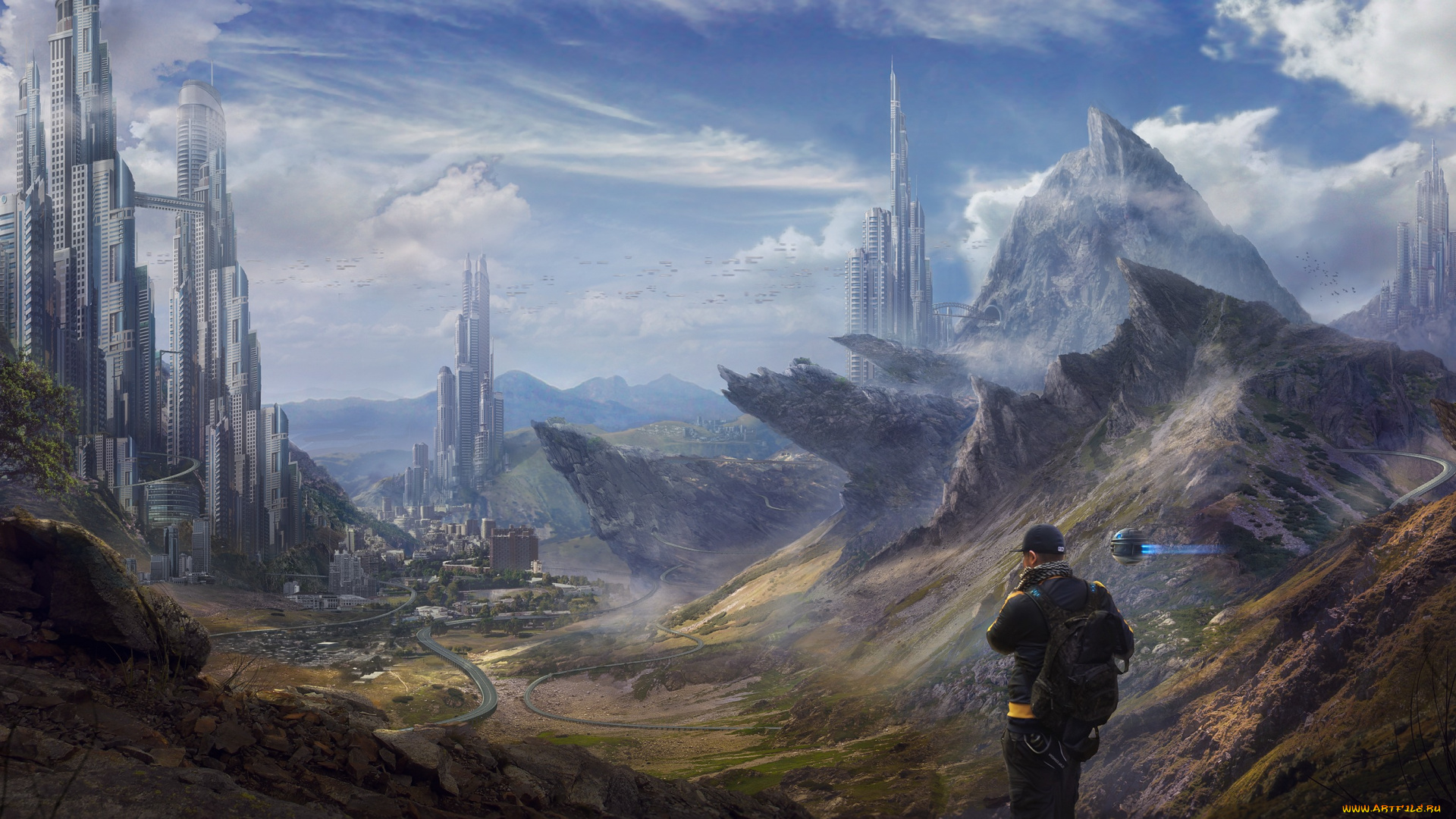 фэнтези, фотоарт, город, скалы, горы, фантастика, человек, путешественник, небо, облака