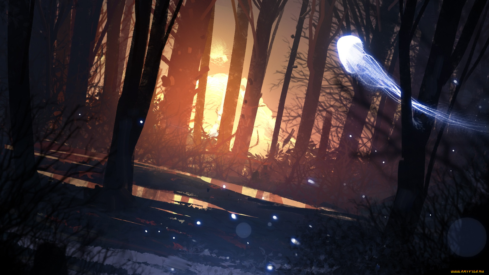 фэнтези, призраки, лес, деревья, арт, свет, ночь, фантастика, медуза