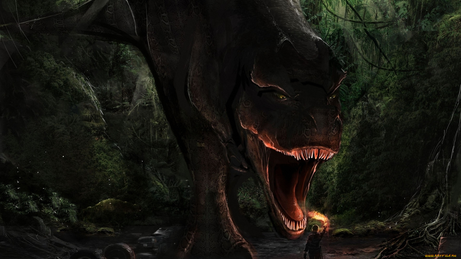 фэнтези, существа, динозавр, монстр, лес, человек, факел