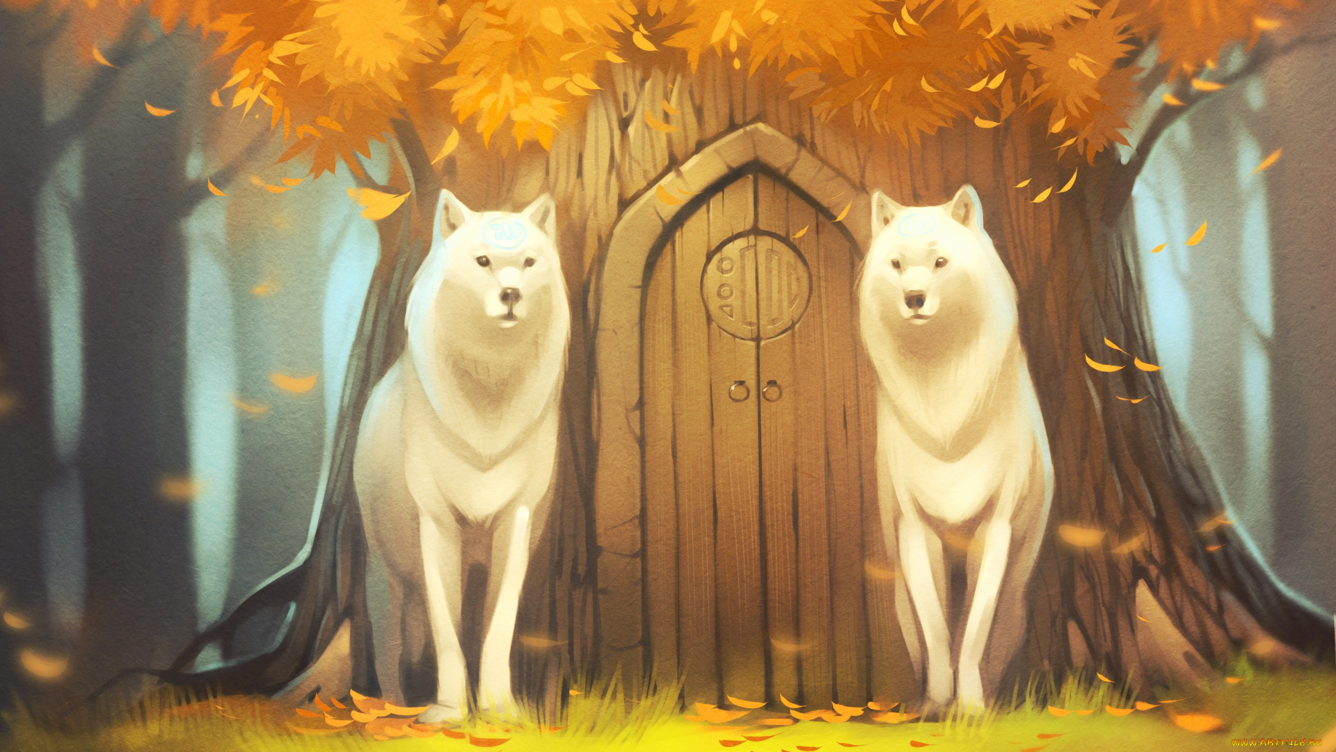 gaudibuendia, рисованное, животные, , волки, лес, белые, волки, дерево, древо, дверь