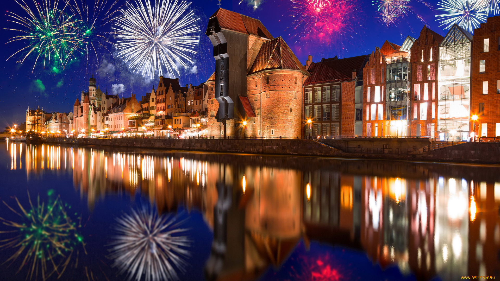 гданьск, польша, города, гданьск, , польша, салют, огни, ночь, дома, река, гданьск