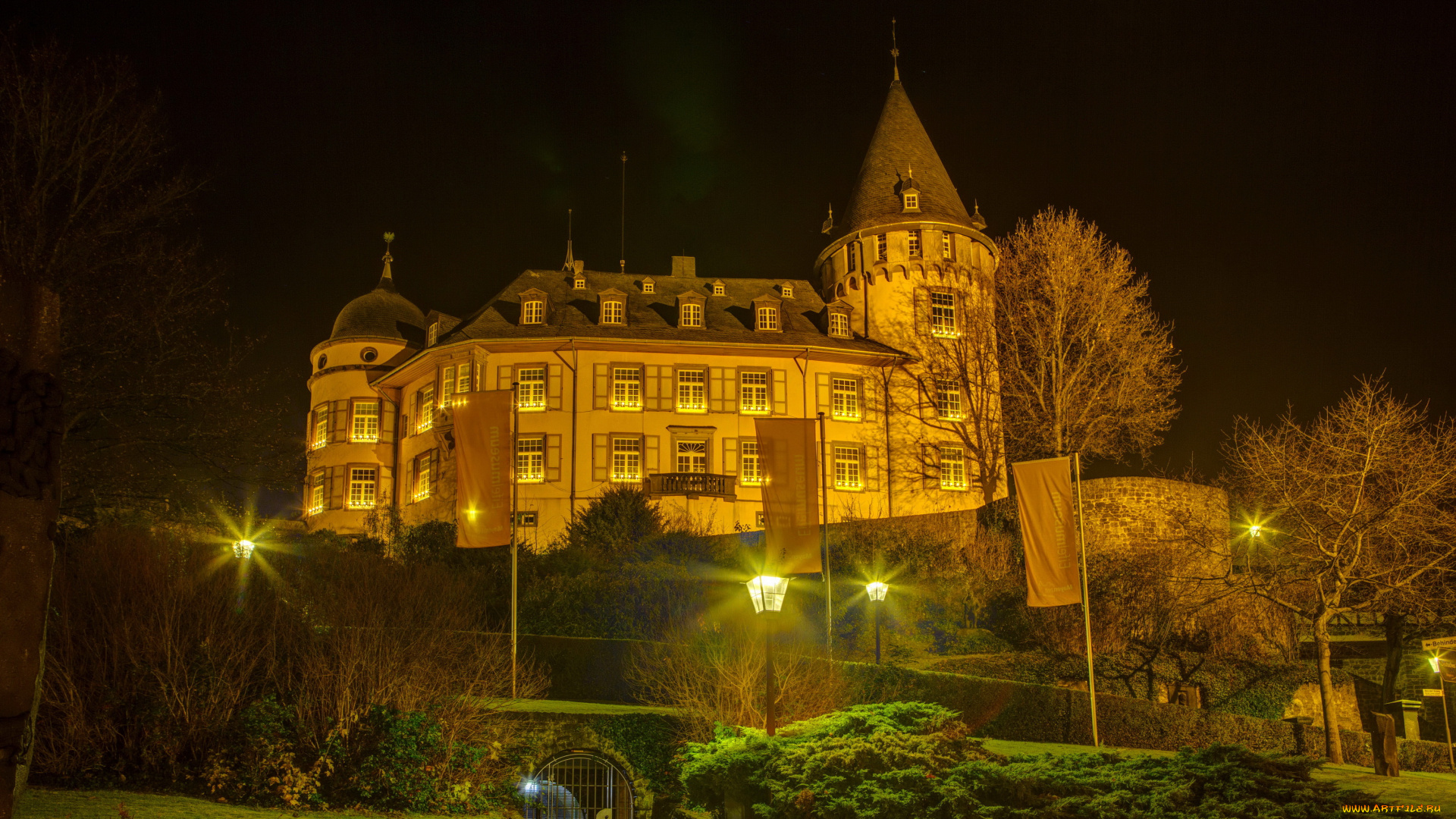 genovevaburg, , германия, города, замки, германии, германия, genovevaburg, деревья, фонари, ночь, замок, майен