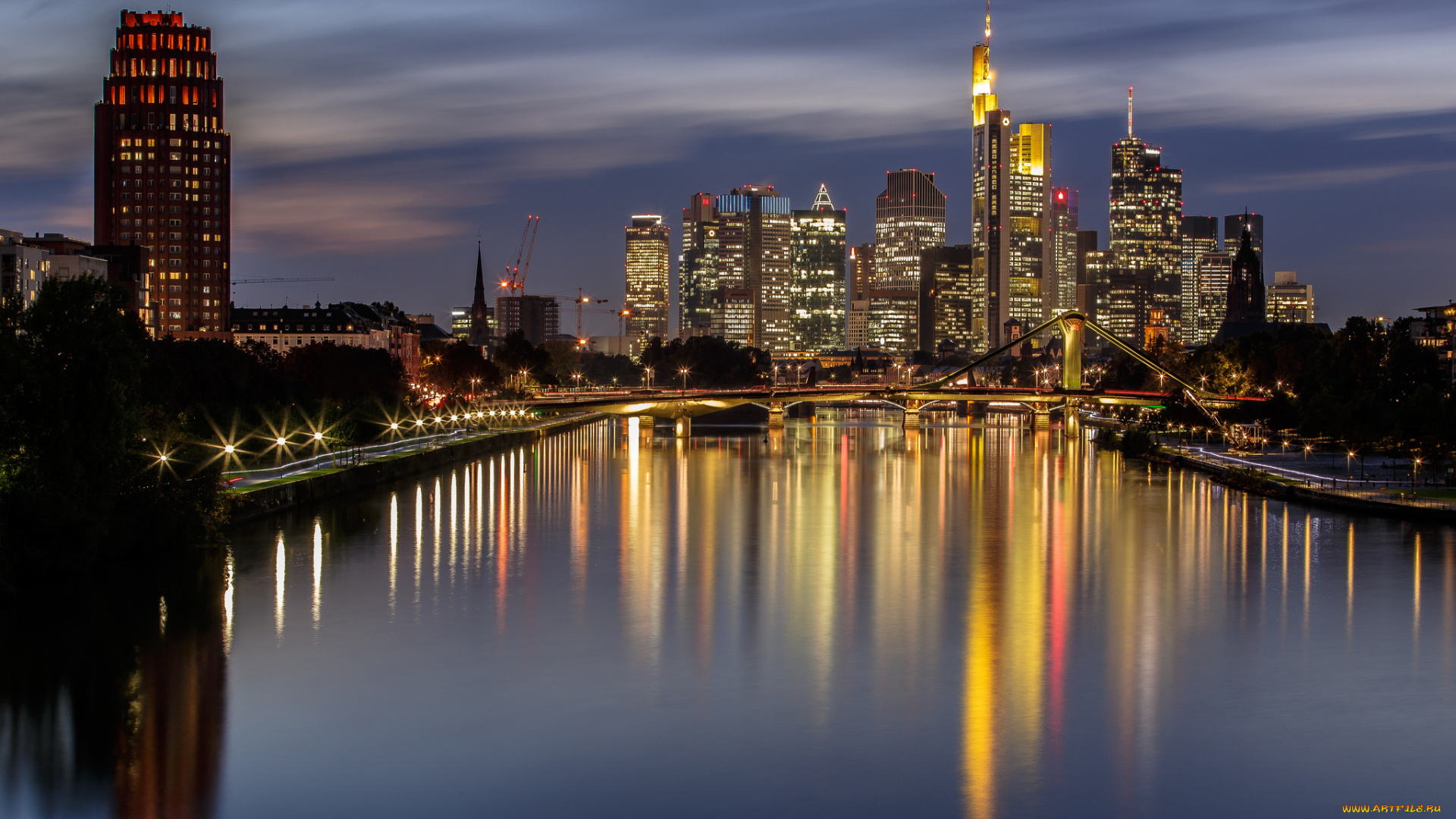 города, франкфурт-на-майне, , германия, ночь, франкфурт-на-майне, мост, дома, огни