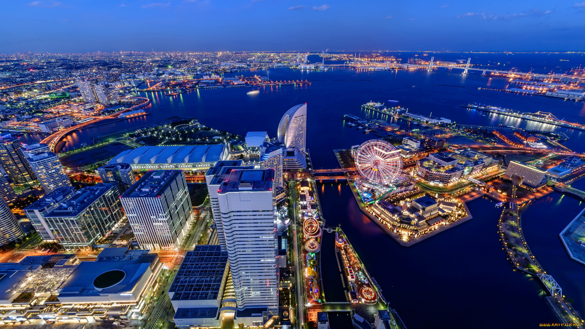 иокогама, Япония, города, йокогама, , Япония, огни, ночь, дома, река, небоскребы, мегаполис, иокогама