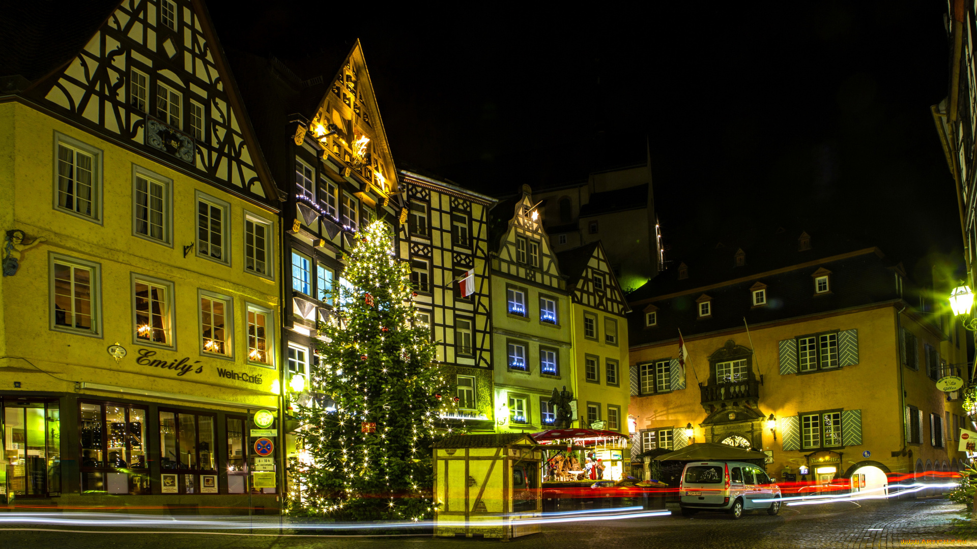 кохем, германия, города, кохем, , германия, cochem, ночь, дома, елка, год, новый, площадь, огни