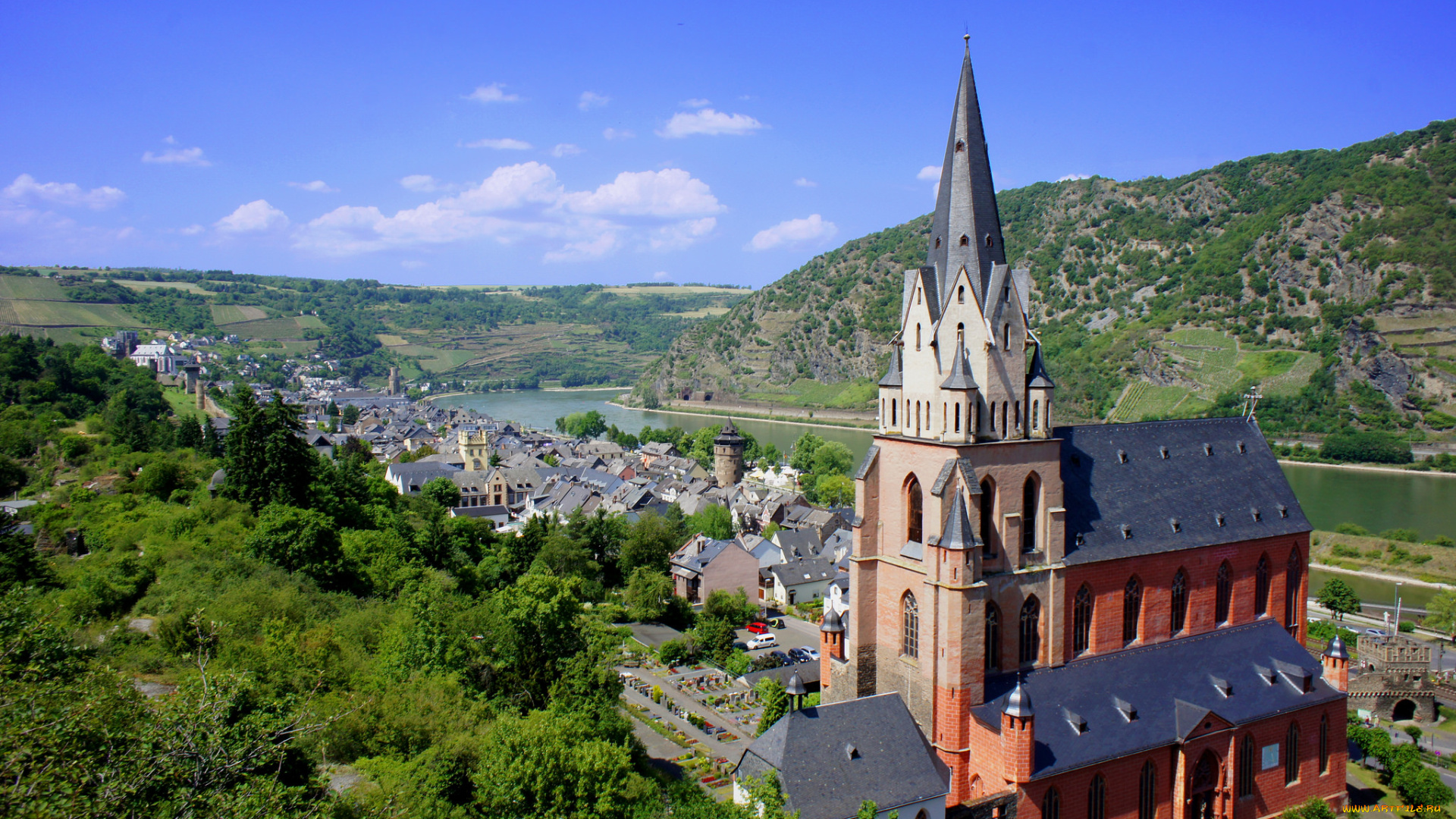 oberwesel, church, города, -, дворцы, , замки, , крепости, река, замок, панорама