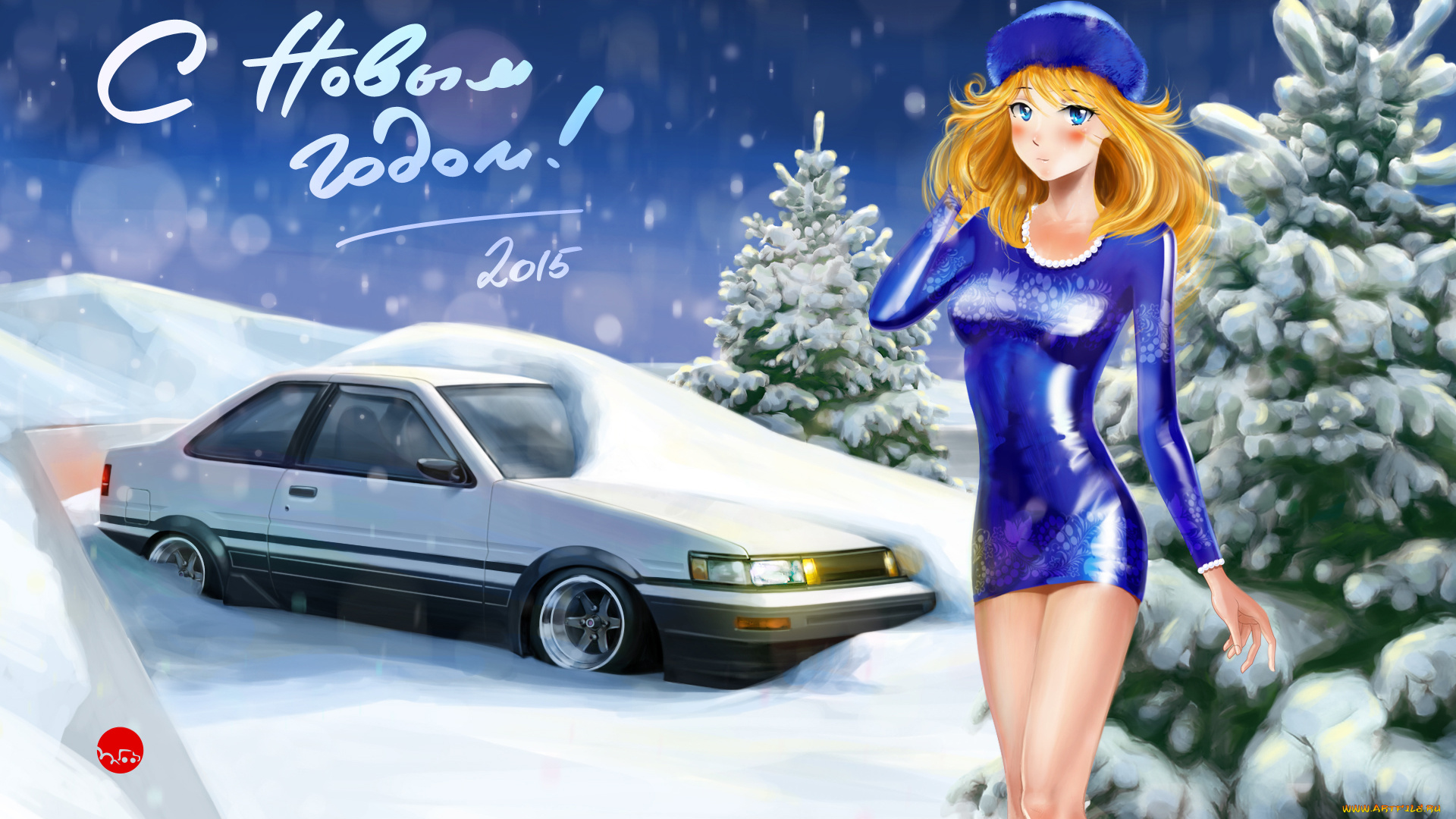 праздничные, векторная, графика, , новый, год, девушка, toyota, corolla, levin, ae86, тойота, снег