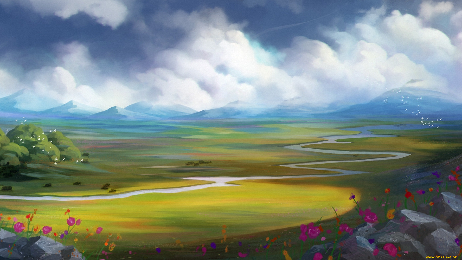 рисованное, природа, птицы, пейзаж, облака, цветы, река