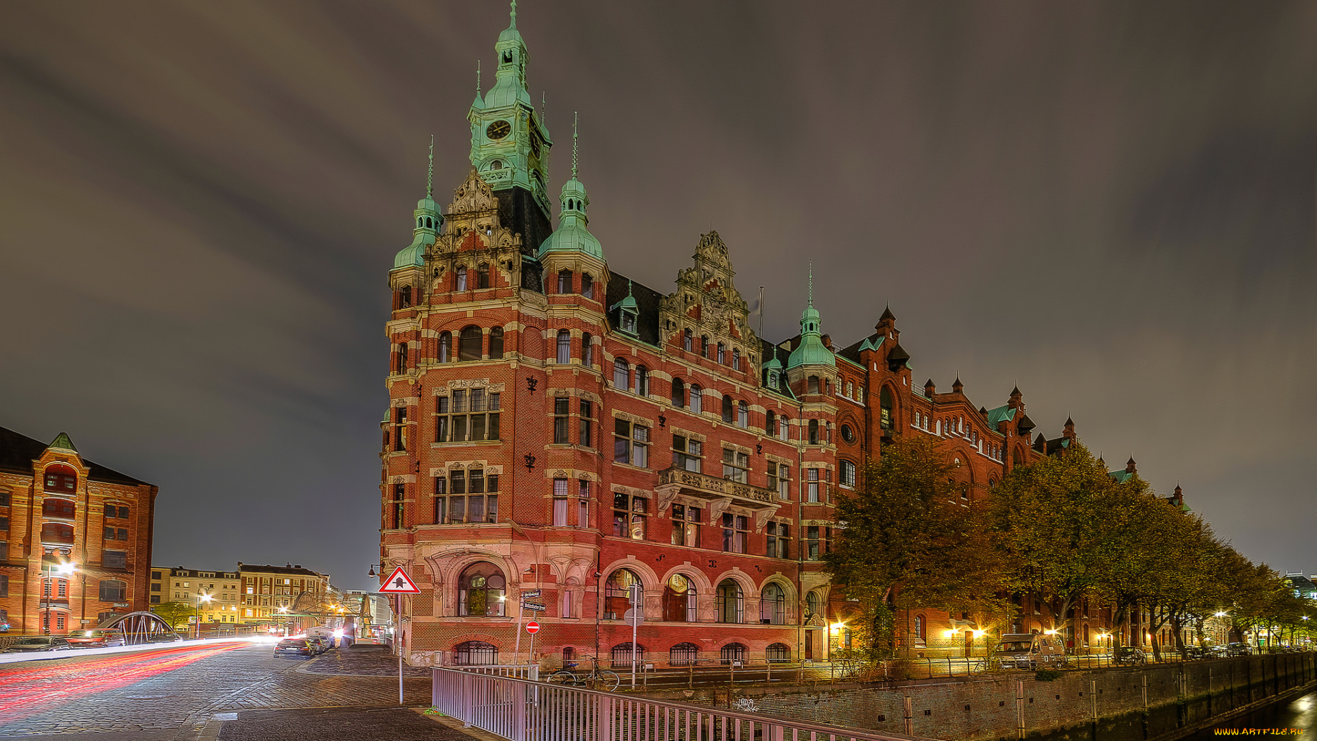 speicherstadt, города, -, дворцы, , замки, , крепости, ночь, улица, огни, дворец