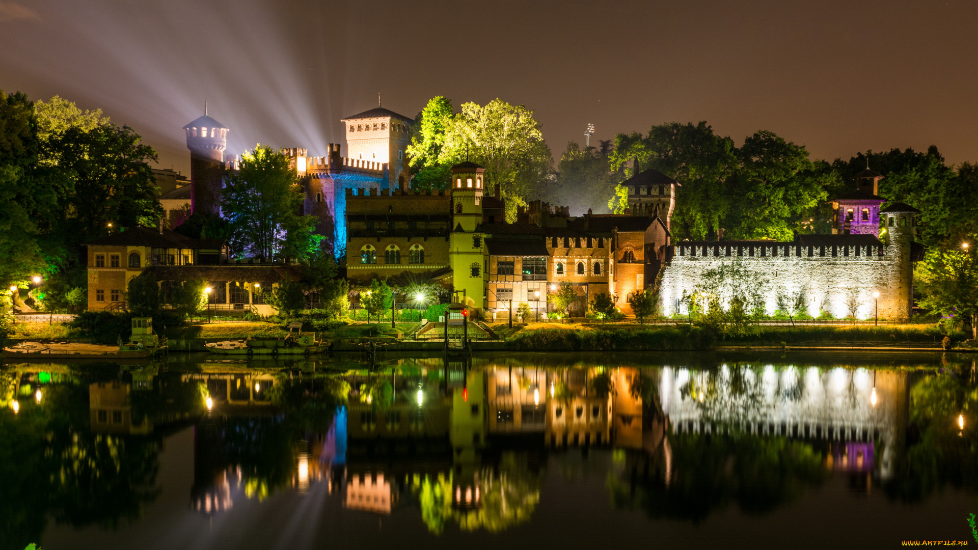 турин, италия, города, турин, , италия, турин, огни, ночь, река, крепость, дома