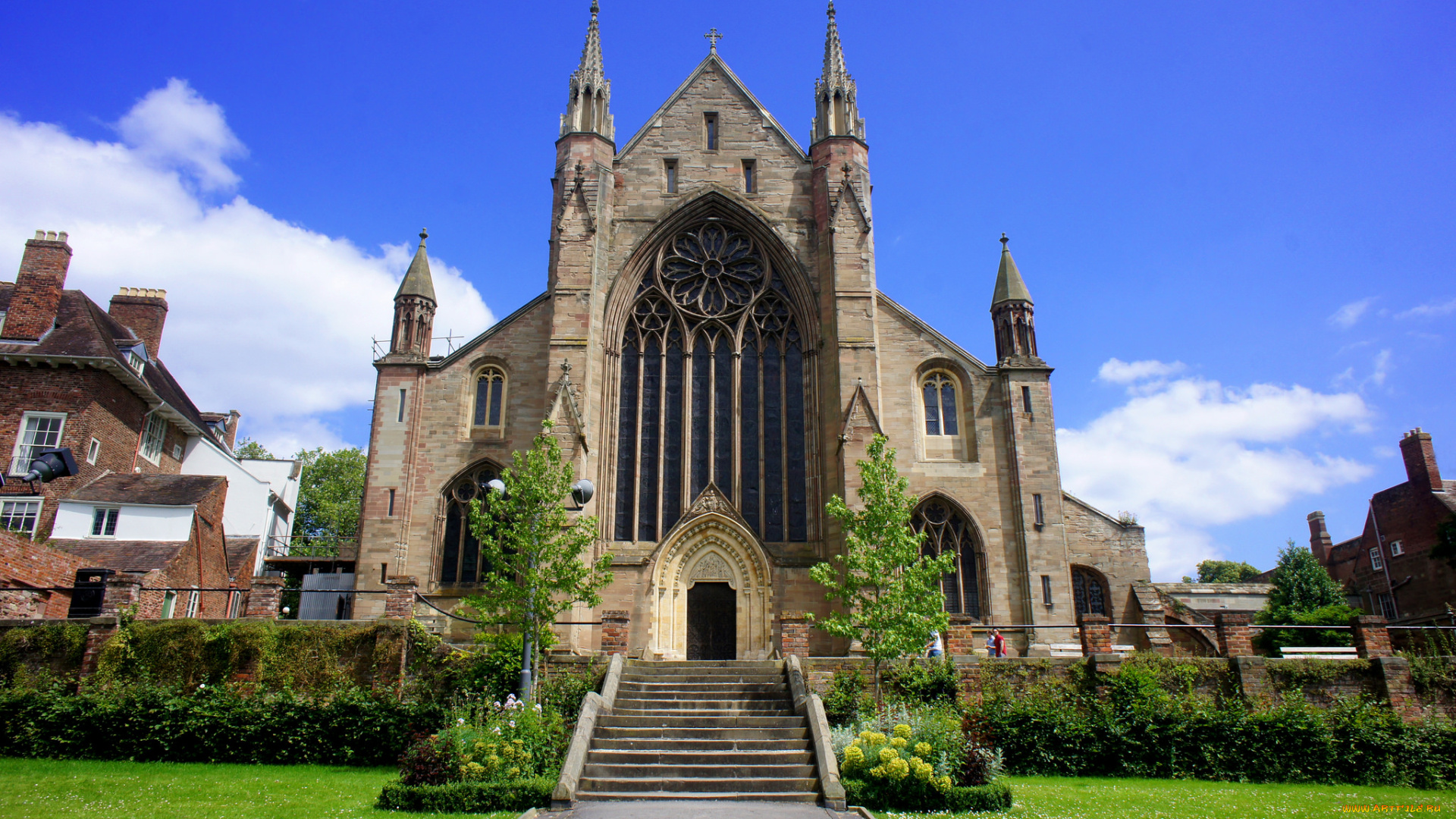 worcester, cathedral, города, -, католические, соборы, , костелы, , аббатства, газон, дорожка, лестница, храм