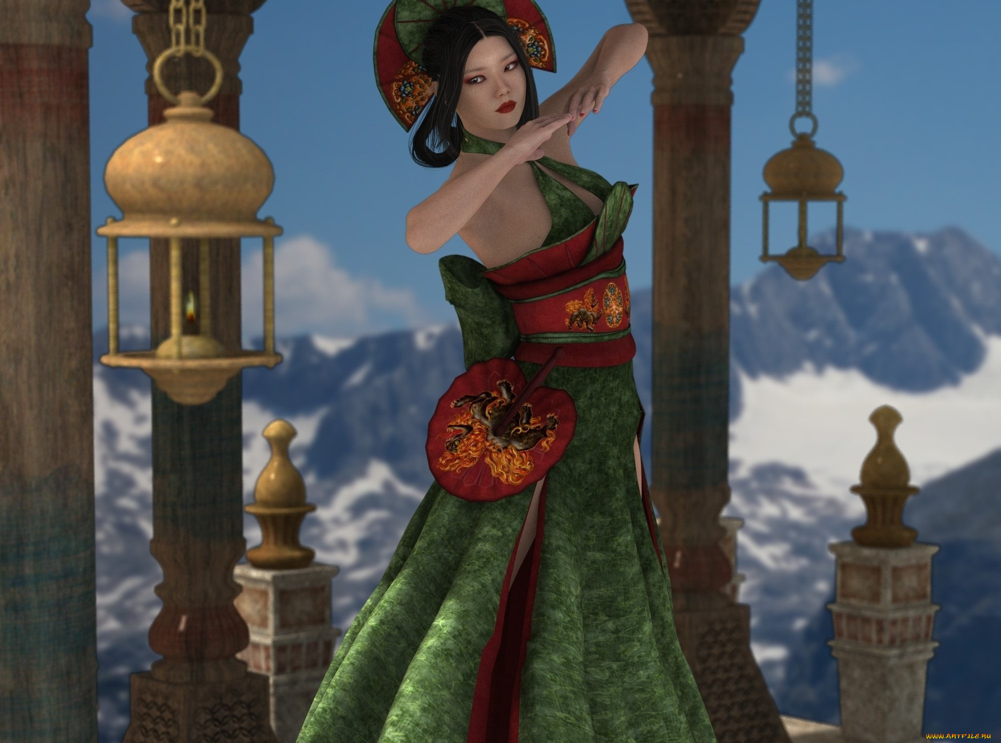 3д, графика, люди, , people, девушка, взгляд, фон, азиатка, горы