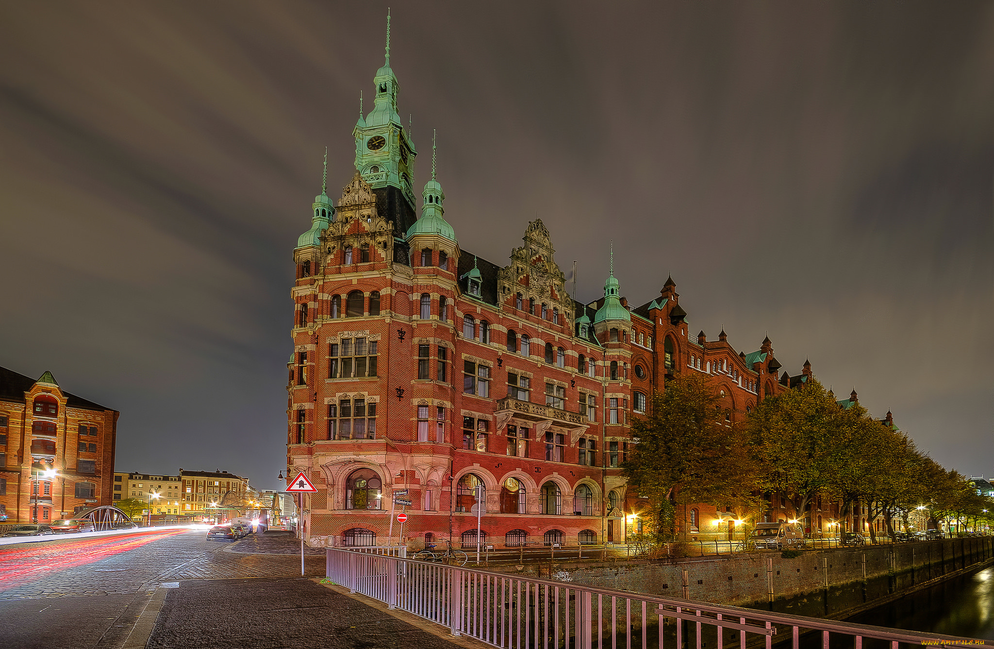 speicherstadt, города, -, дворцы, , замки, , крепости, ночь, улица, огни, дворец