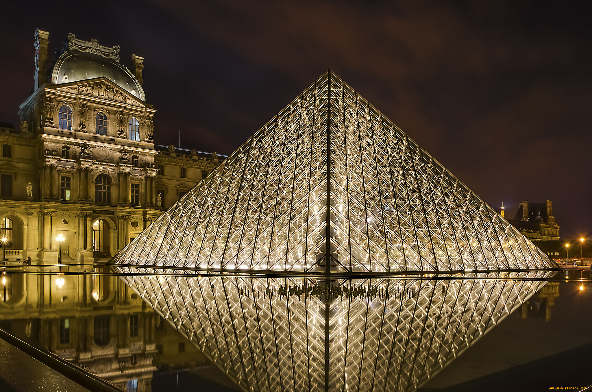 louvre, pyramid, города, париж, , франция, площадь, ночь, дворец, пирамида