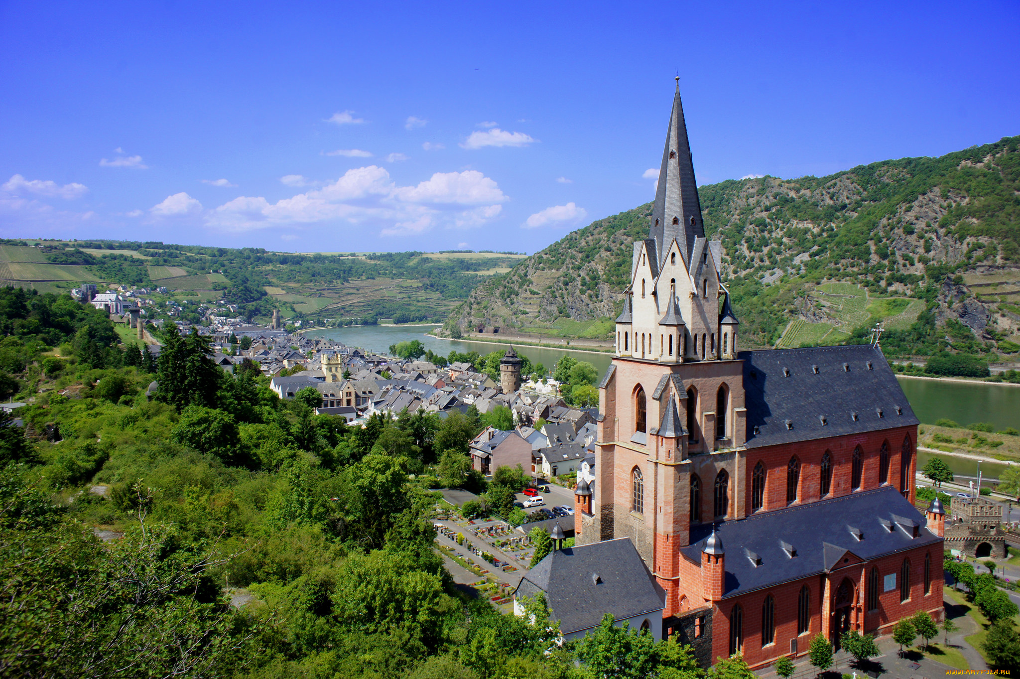 oberwesel, church, города, -, дворцы, , замки, , крепости, река, замок, панорама