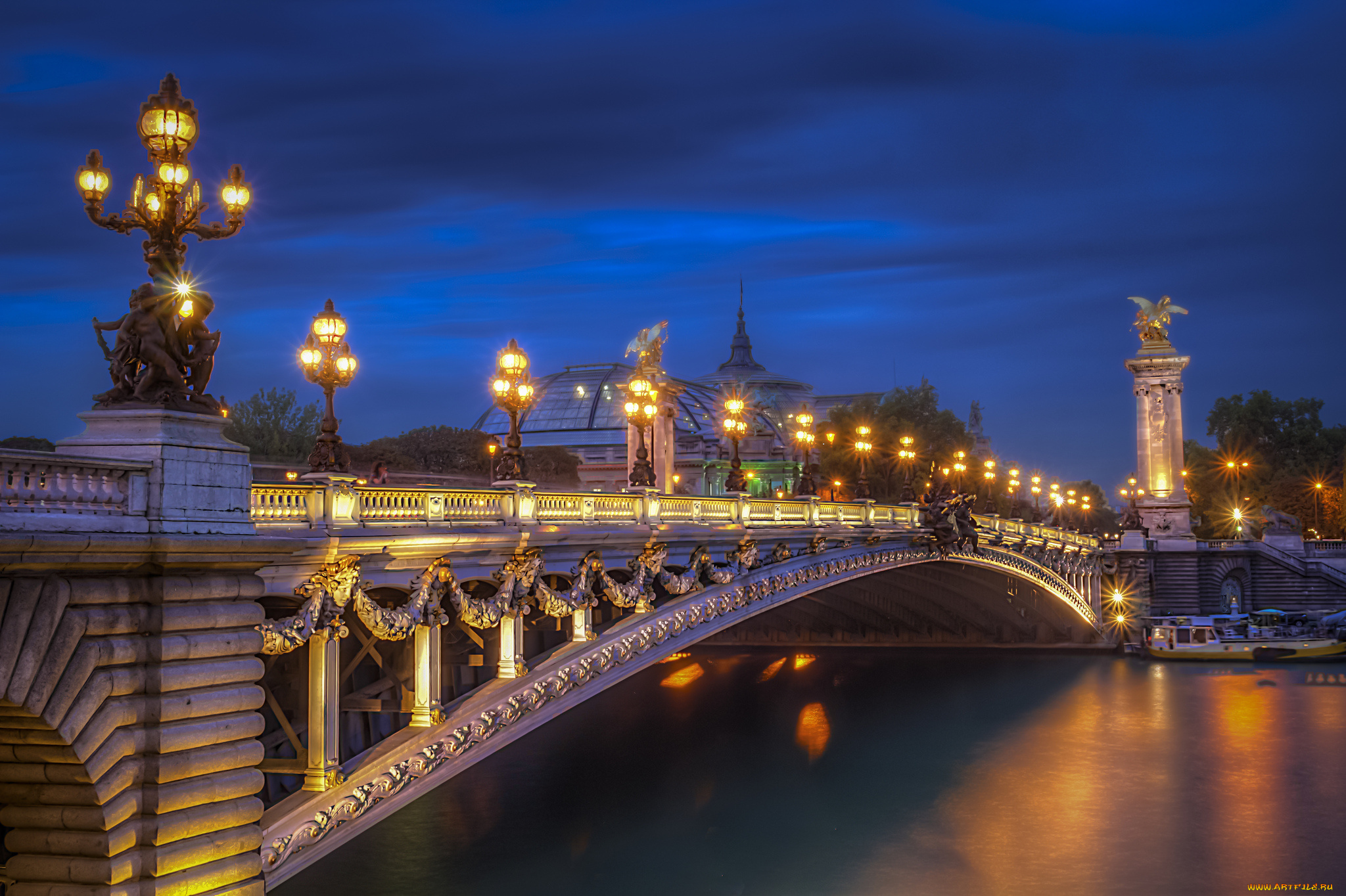 pont, alexandre, iii, города, париж, , франция, ночь, река, мост, огни