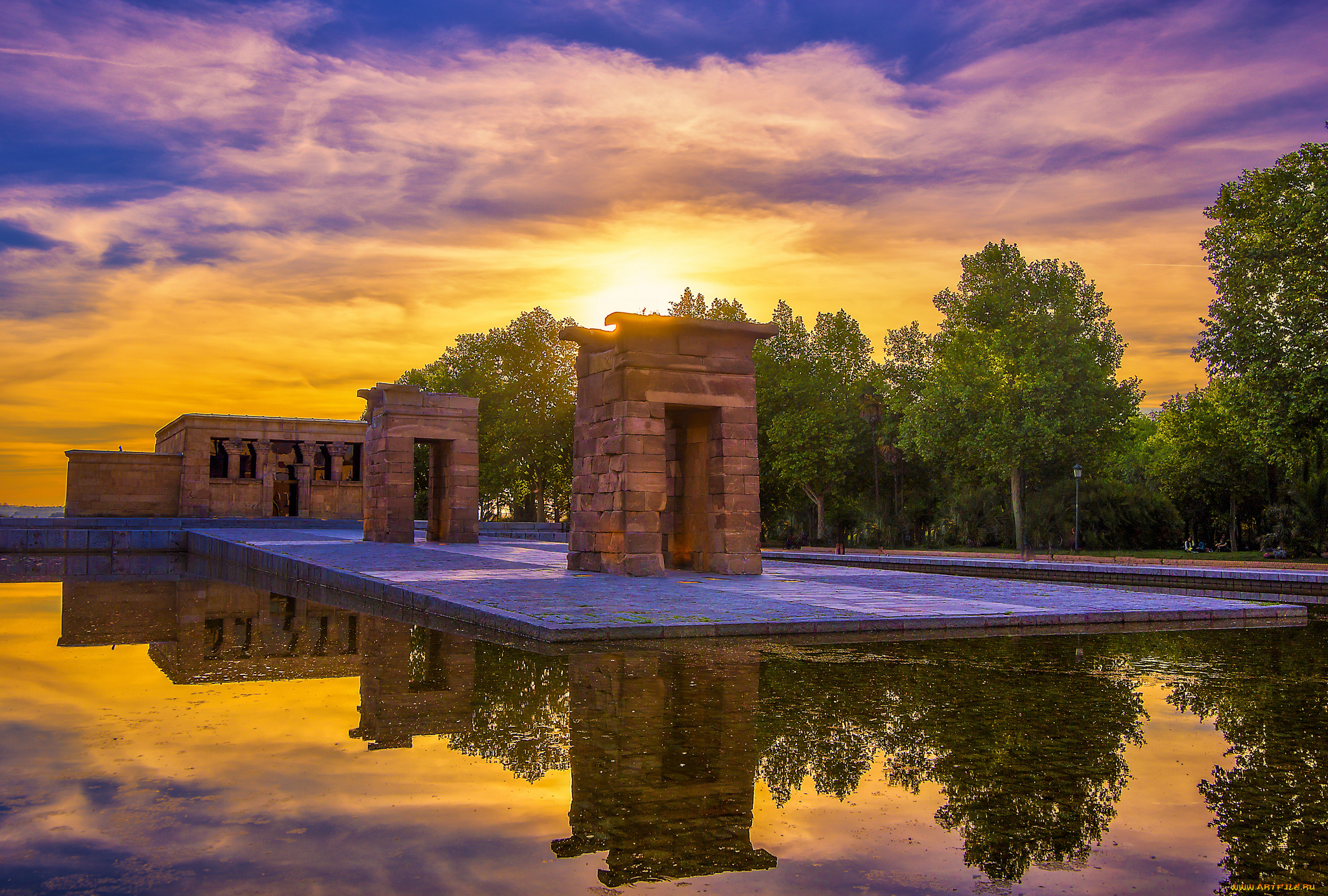 temple, of, debod, and, the, wild, sunset, города, мадрид, , испания, водоем, храм